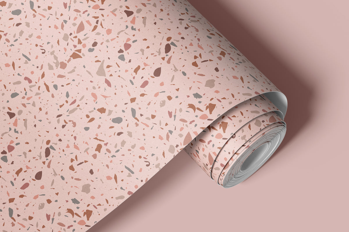 Contact paper 111: A roll of blush pink terrazzo wallpaper with speckled accents in soft pink, beige, and terracotta tones, designed for modern interiors and cozy accent walls.