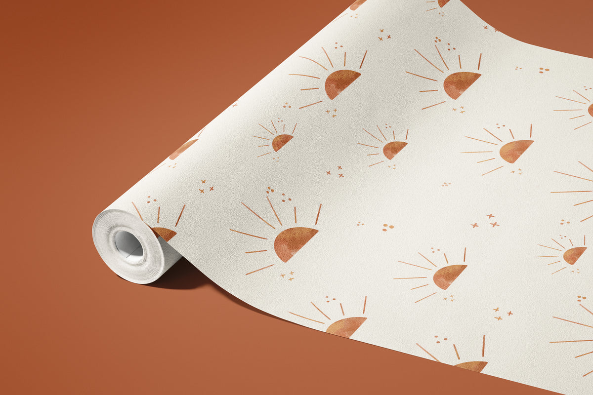 Desert Dawn contact paper with terracotta
suns, moons, and celestial patterns