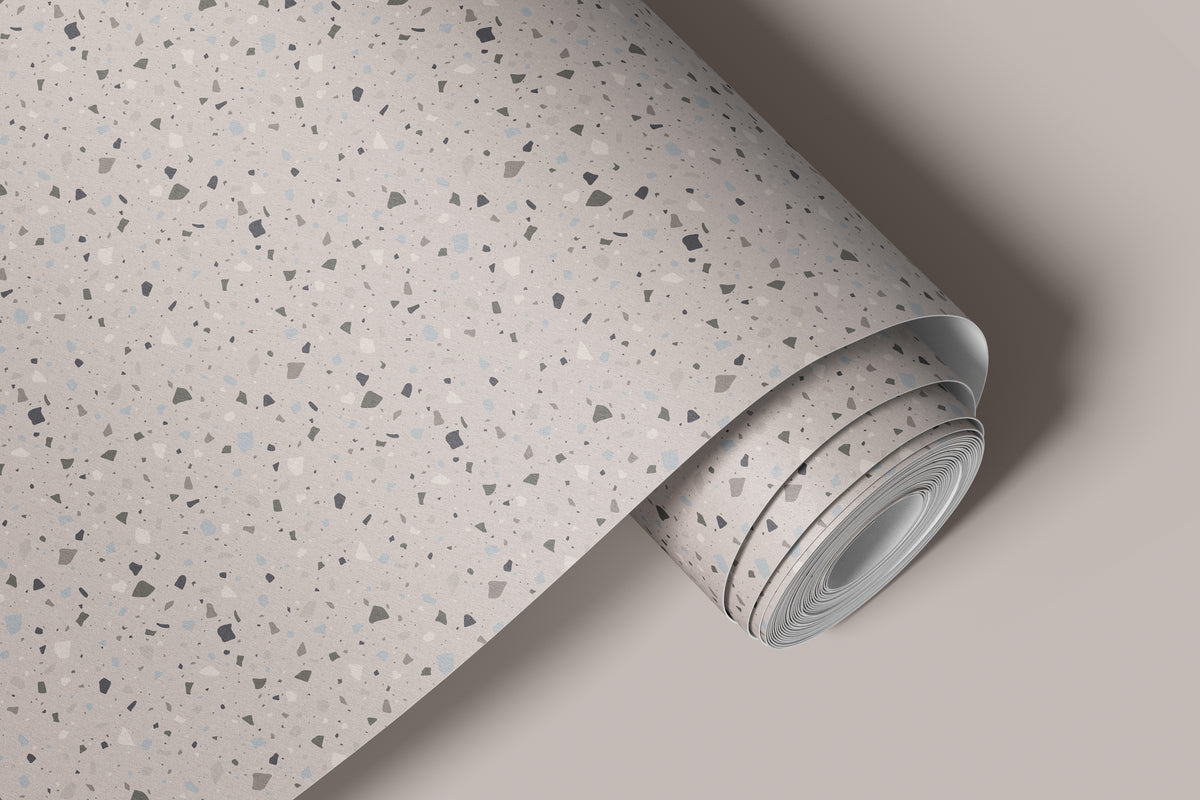 Contact paper 121: A neutral terrazzo-style contact paper featuring soft gray, white, and subtle blue stone speckles in an abstract scattered pattern, perfect for modern and minimalist interiors.