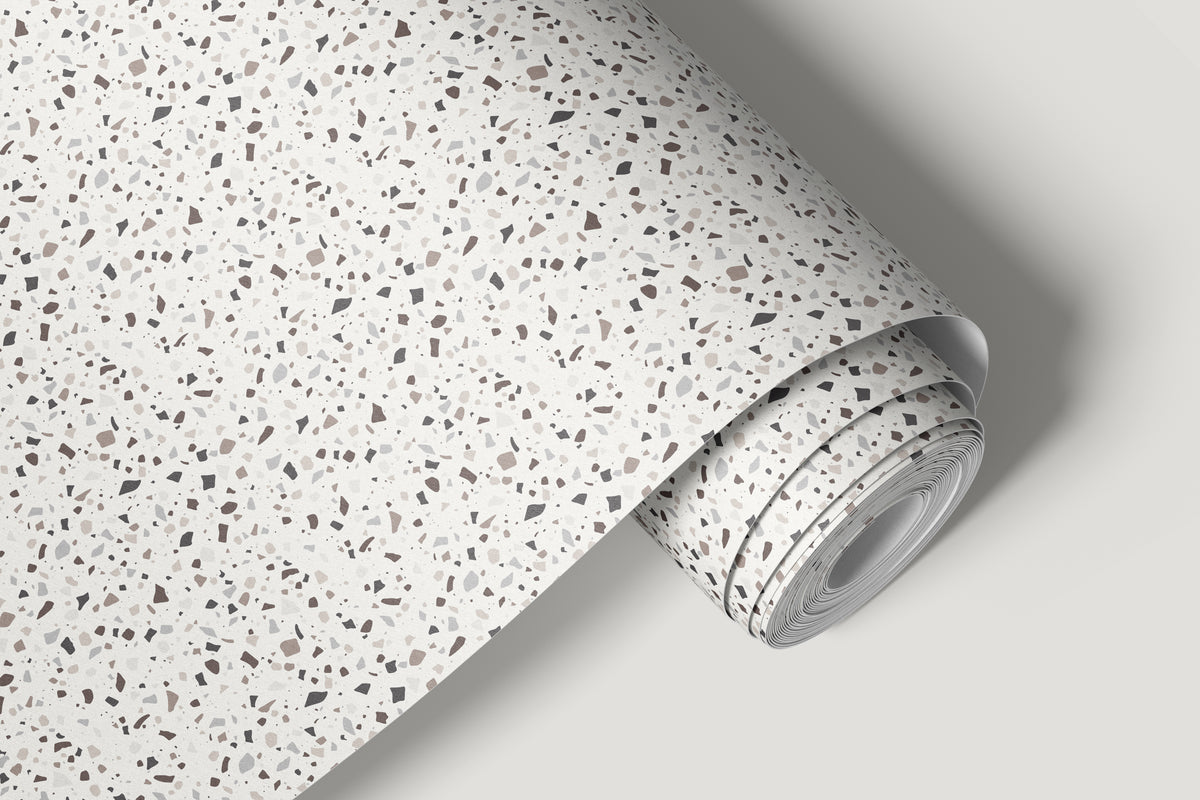 Contact paper 123: A close-up of neutral terrazzo contact paper featuring a modern speckled pattern in white, grey, and beige tones, ideal for countertops, furniture, and accent surfaces.