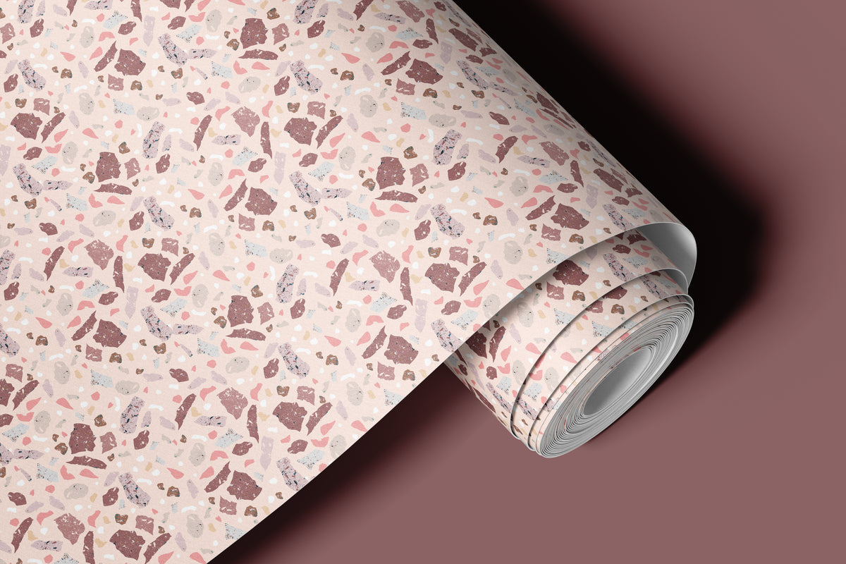 Contact paper 1296: A modern terrazzo contact paper featuring an earthy mix of speckled stone fragments in beige, blush, brown, and gray tones, creating a contemporary yet timeless aesthetic.