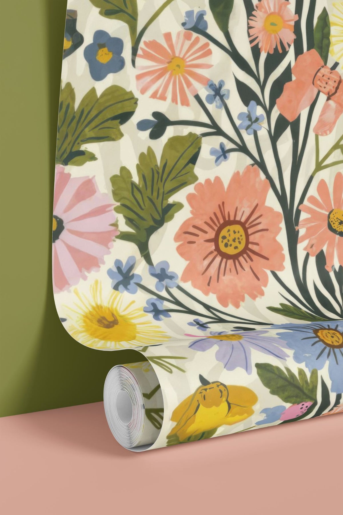 Partly unrolled roll of Floral Spring Vibes wallpaper showing coral, yellow and blue blooms on cream, against a green wall