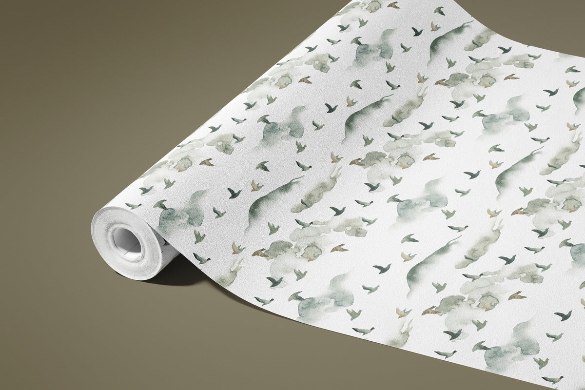 Contact paper 657: A soft watercolor contact paper featuring delicate green and beige clouds with birds in flight, creating a tranquil, dreamy aesthetic perfect for minimalist and nature-inspired interiors.