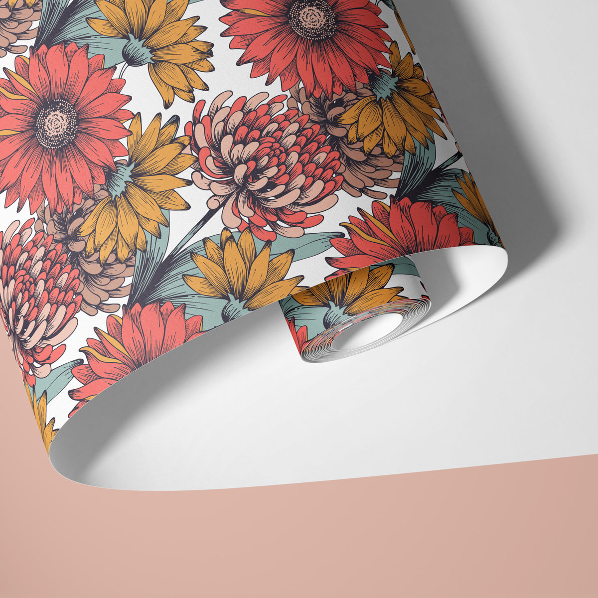 Gerbera Glow Contact Paper, Coral and Golden Daisy Floral on White, Peel and Stick 956