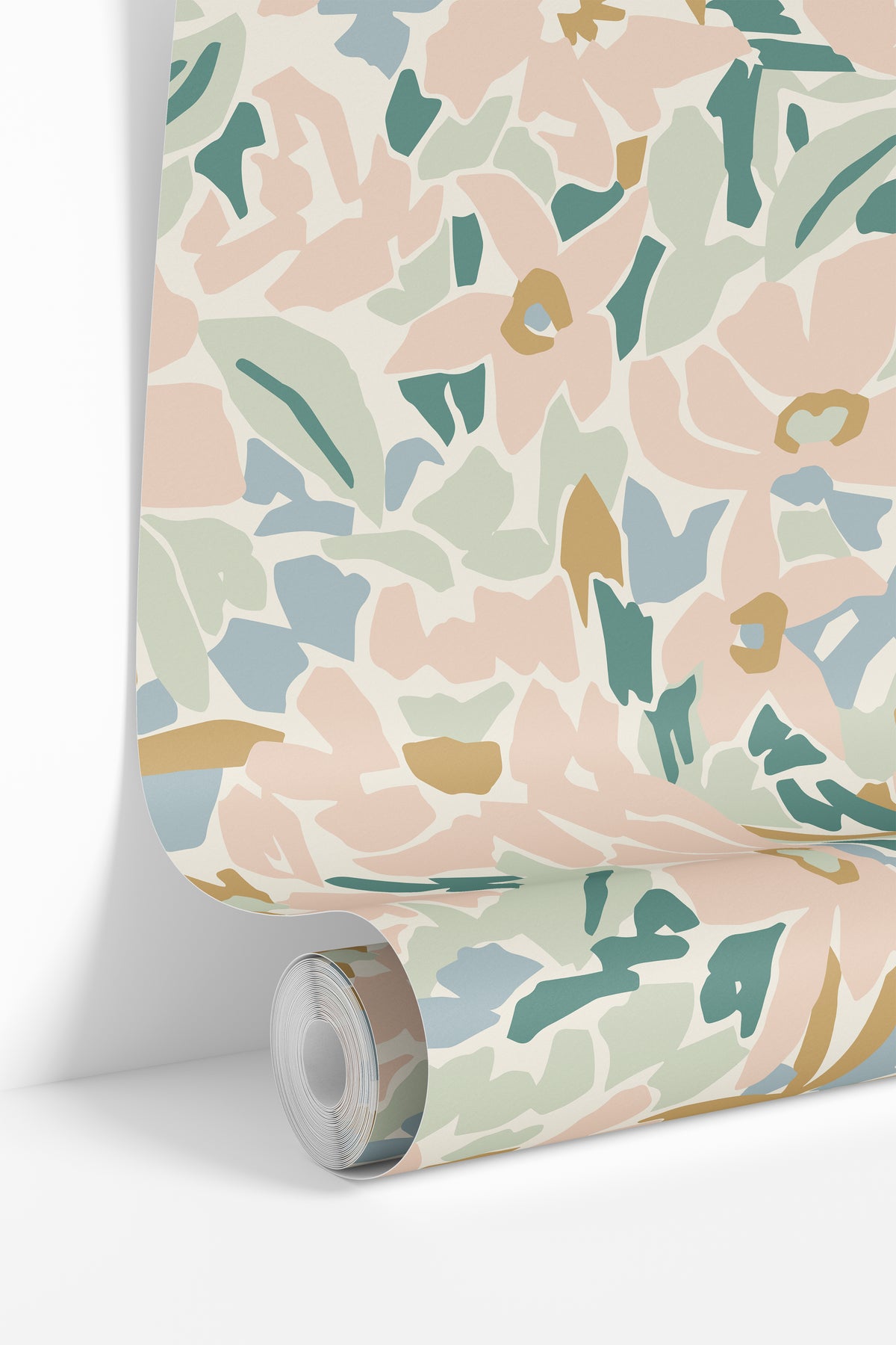 Blush and sage abstract florals on cream background with blue and gold accents
