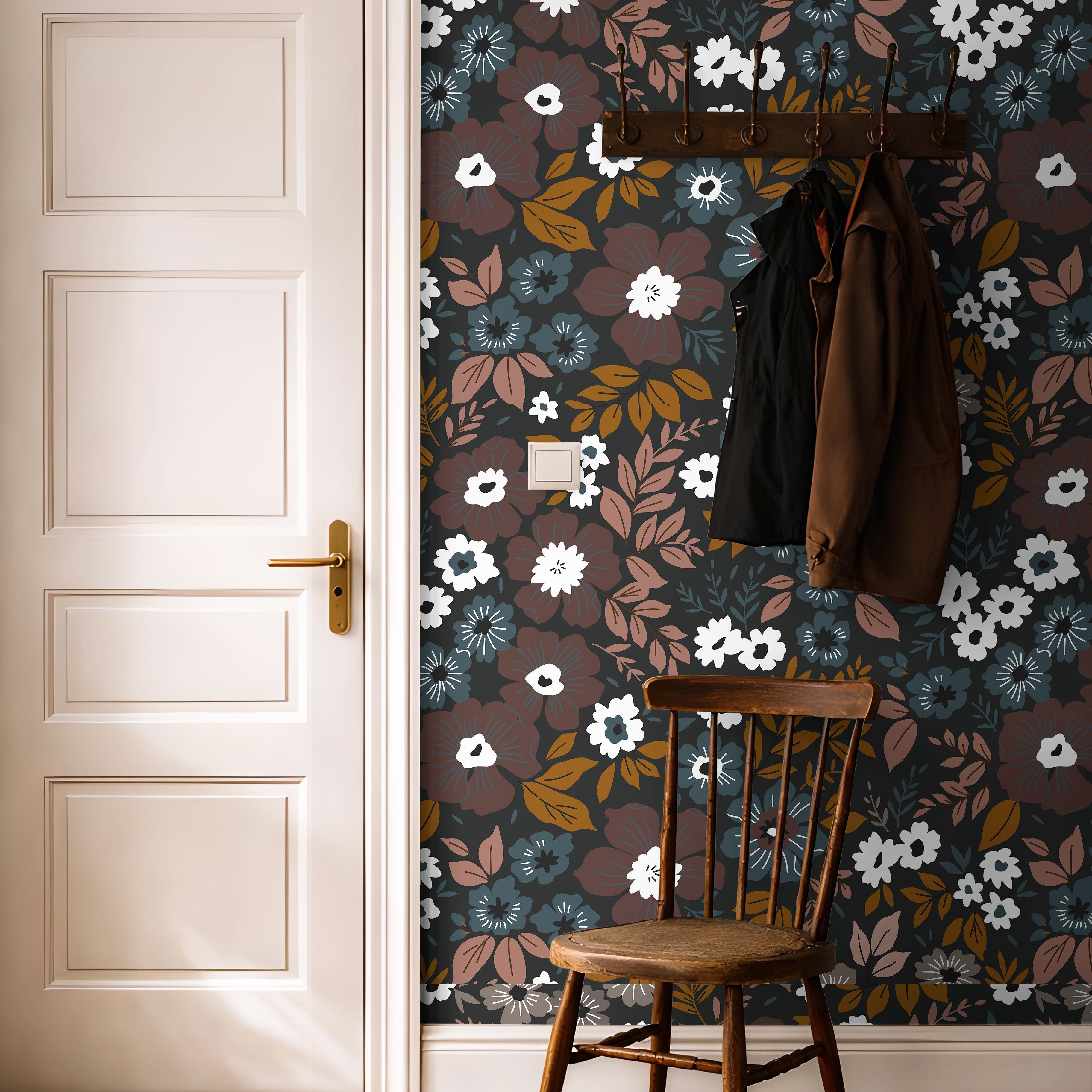 Deep florals styled in warm and brightly lit hallway
