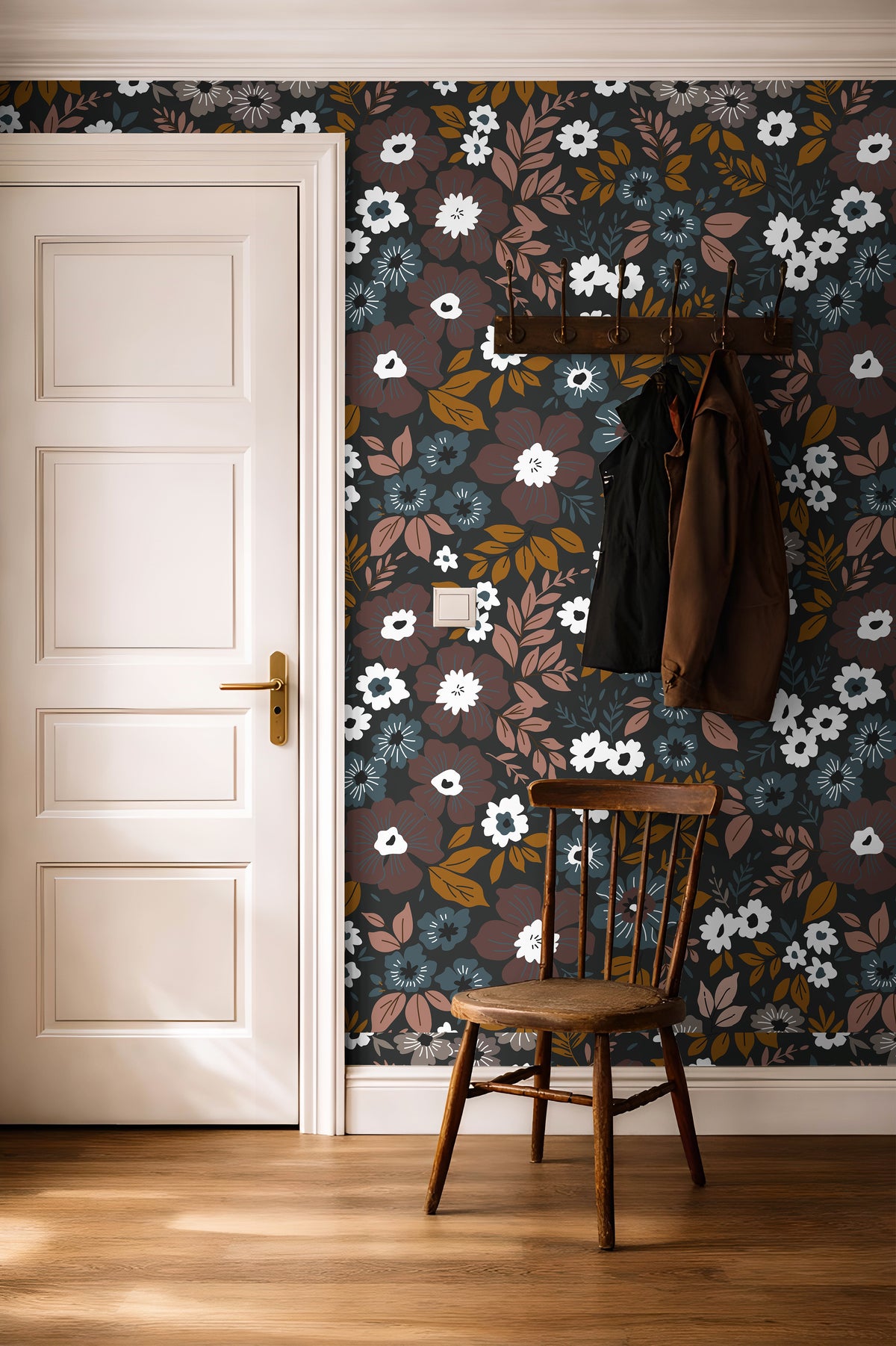 Deep florals styled in warm and brightly lit hallway