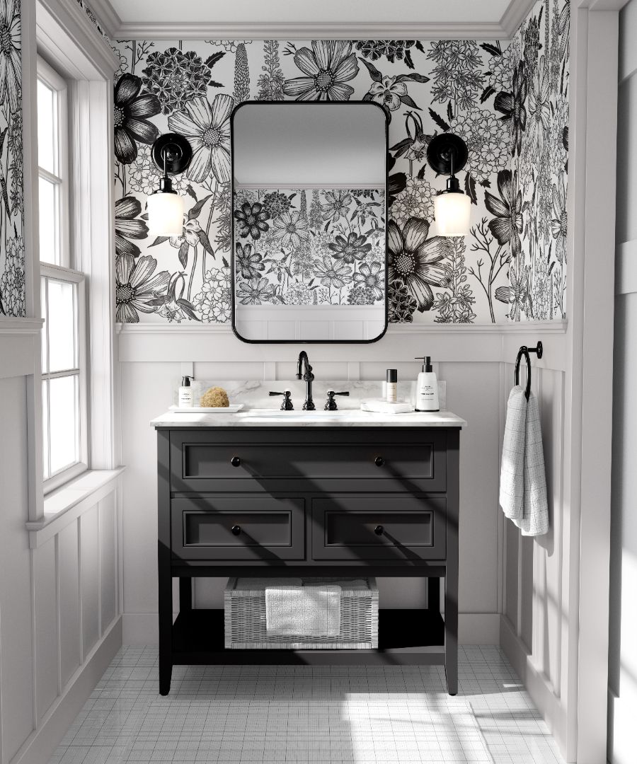 Wallpaper 764: Elegant black-and-white botanical wallpaper featuring detailed floral illustrations, perfect for modern and vintage-inspired interiors.