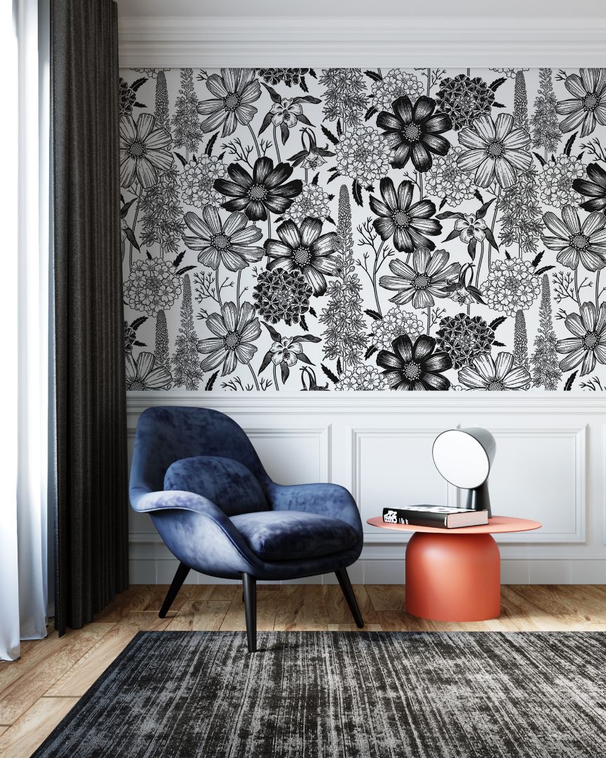 Monochrome Meadow | Black Floral Removable Wallpaper for Bathroom, Bedroom, Doors, Walls, DIY Home Decor 764 - James And Colors