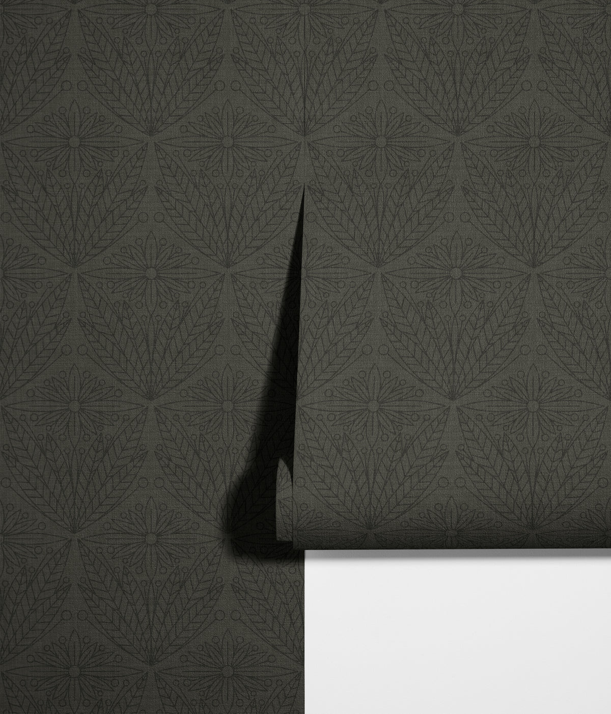 close view of forester and gentry 3555 wallpaper roll with olive green ground and charcoal botanical linework