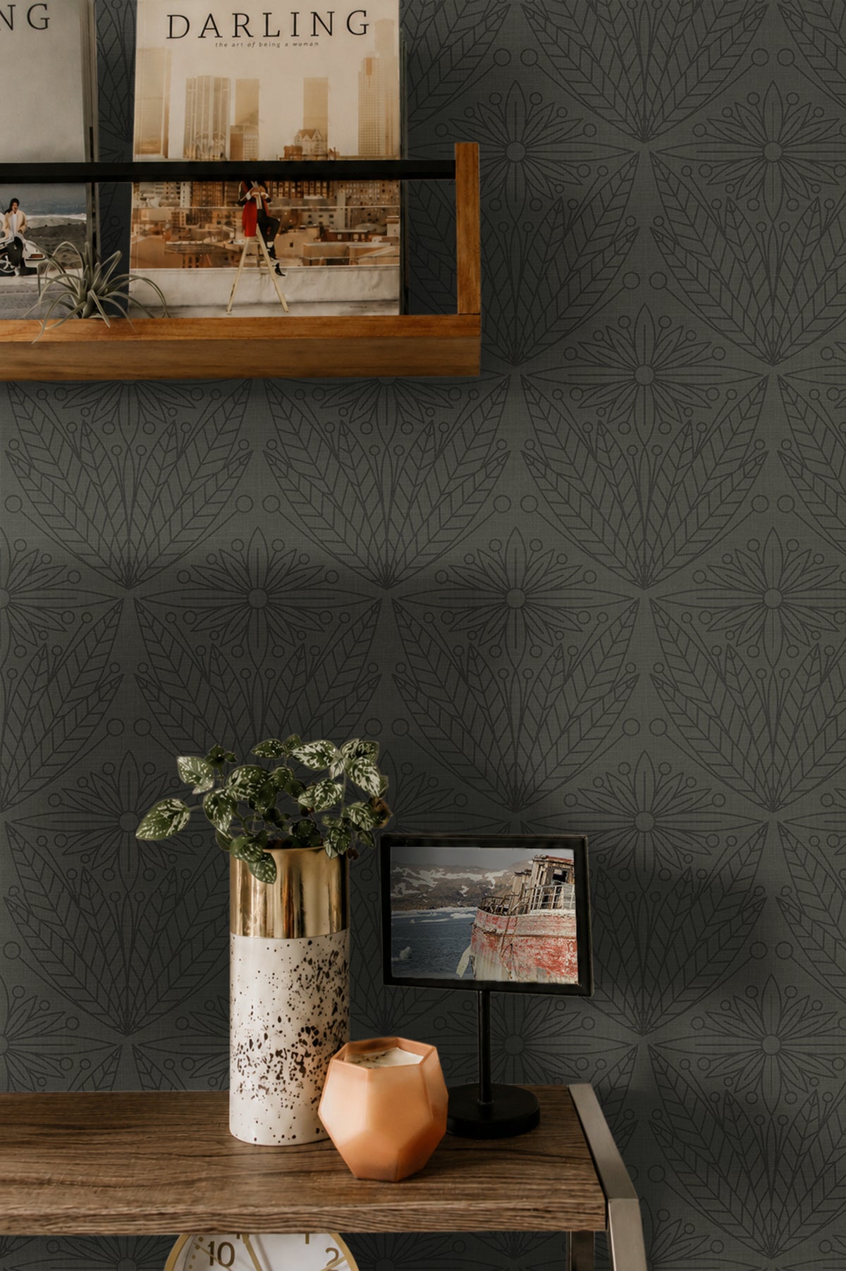 forester and gentry 3555 olive green botanical wallpaper above wood console with plant and framed art