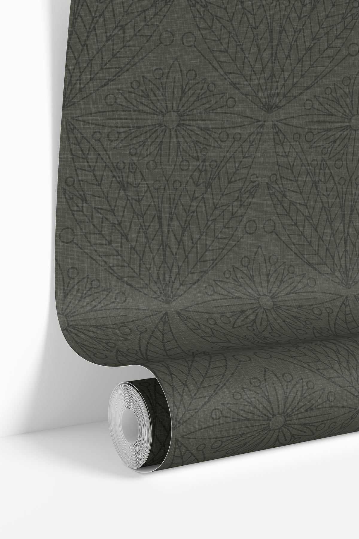 forester and gentry 3555 olive green folk floral wallpaper roll with charcoal flowers and leaf fans