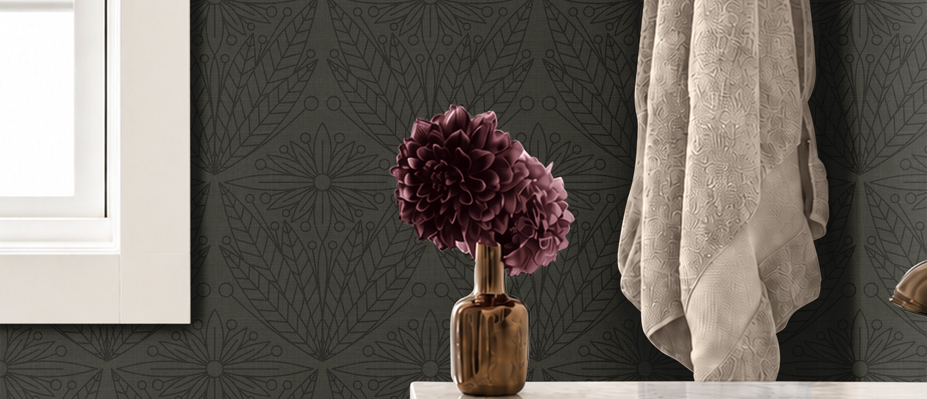 forester and gentry 3555 olive green folk floral wallpaper in powder room with brass hooks and ivory towel
