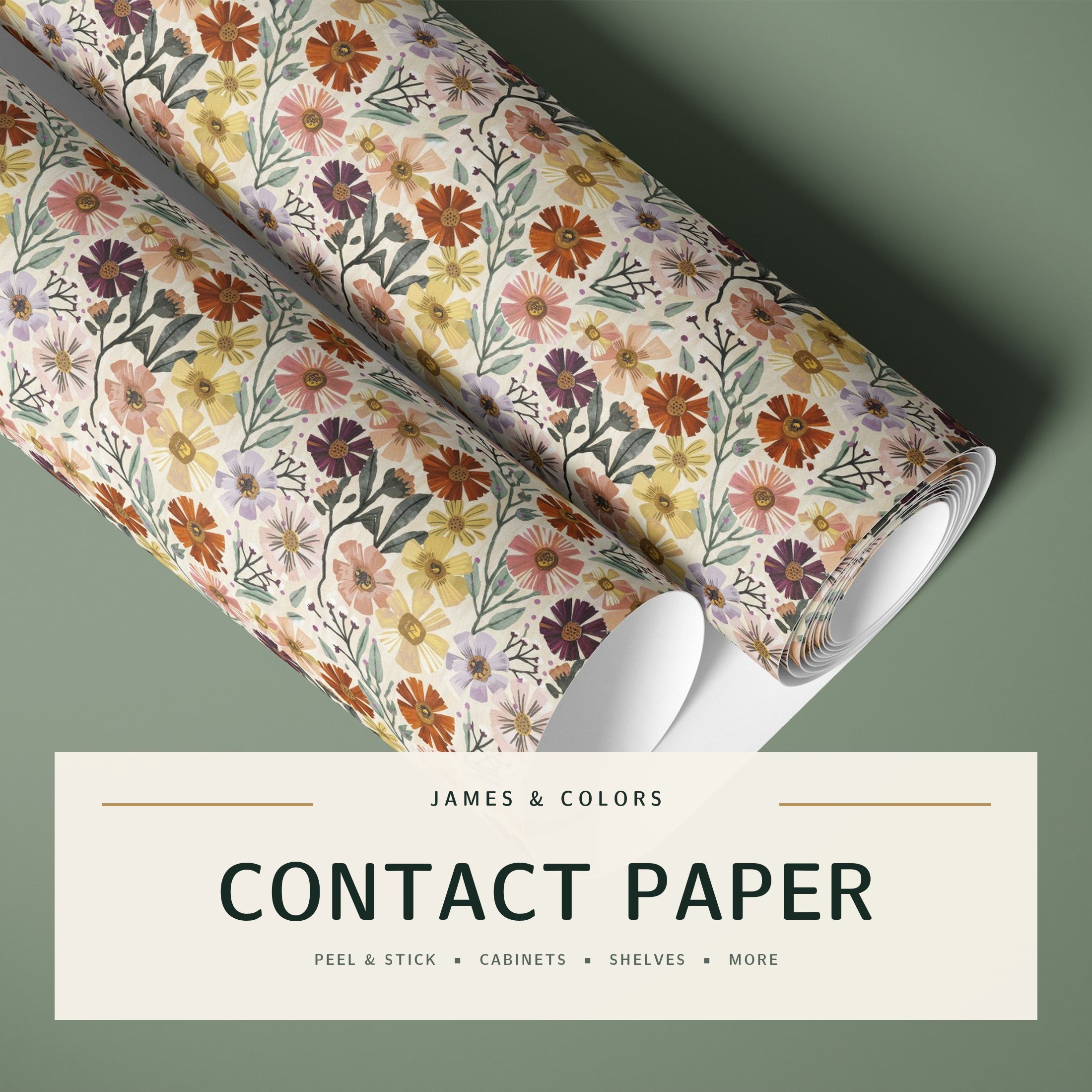 Colorful floral peel and stick contact paper by James & Colors for cabinets, shelves and furniture