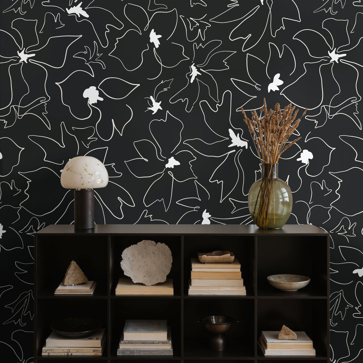 black-and-white wallpaper featuring abstract floral linework that feels both modern and organic.