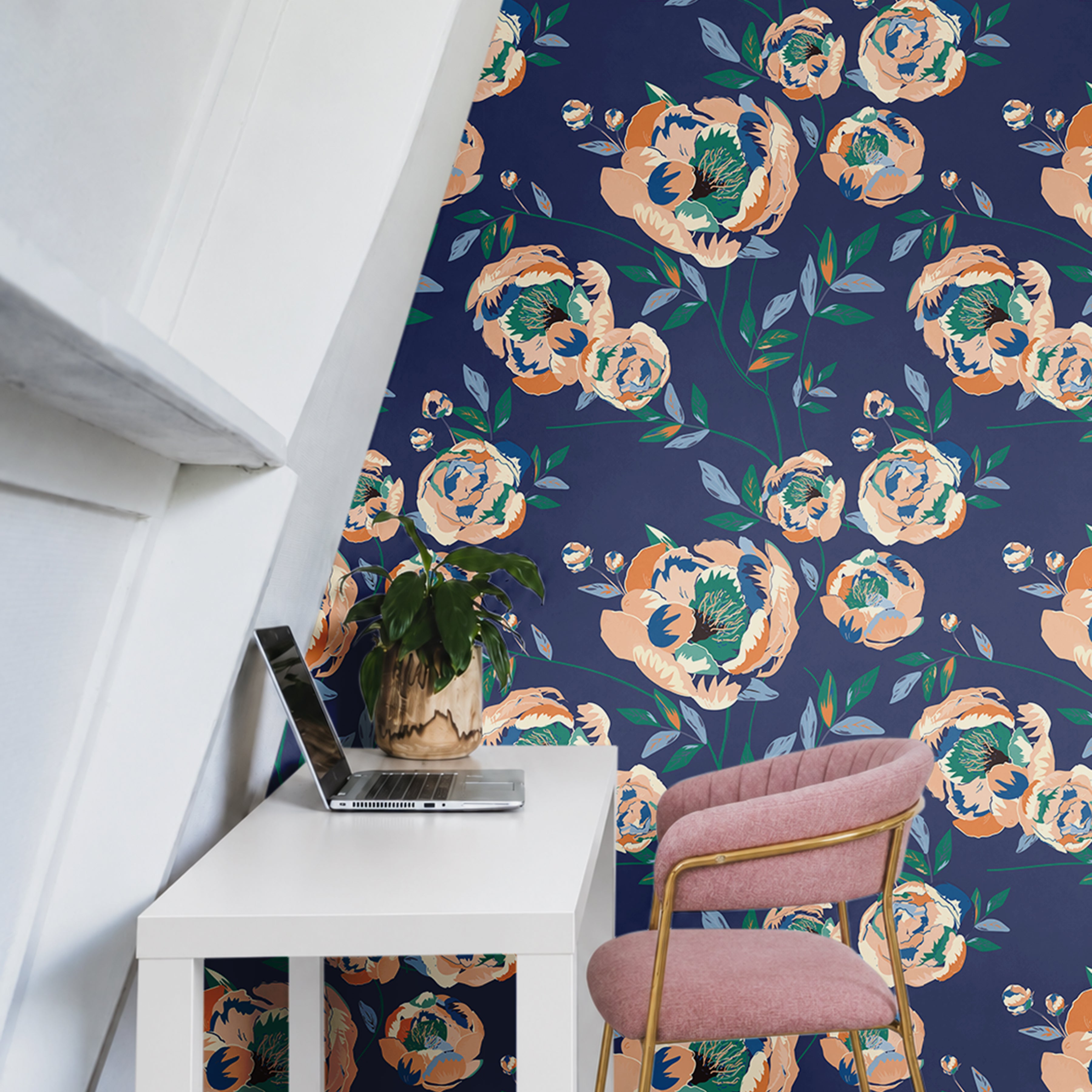 oversized orange and beige peony booms on dark navy background in modern home office
