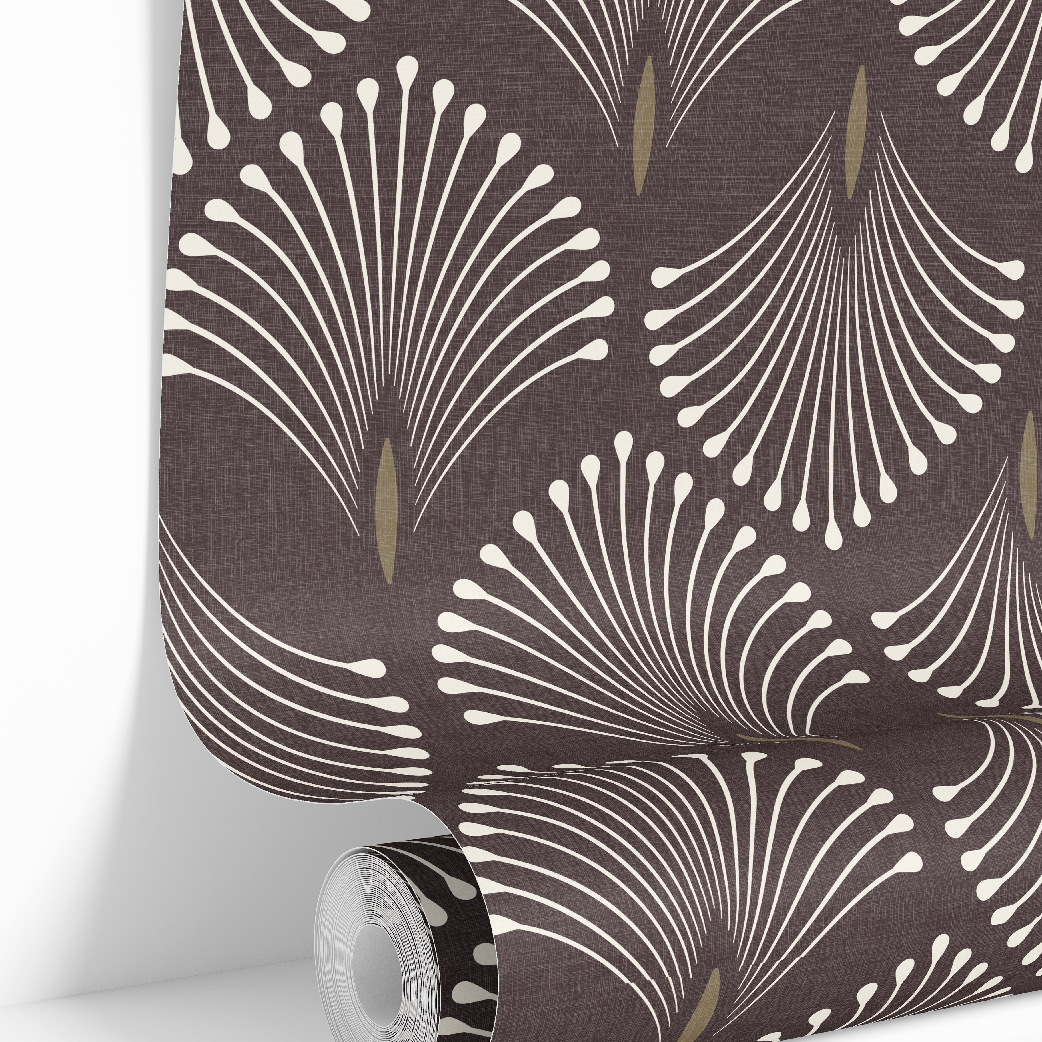 Rolled Port & Pin wallpaper showing warm ivory Art Deco fan motifs and antique-gold accents on a deep burgundy-plum ground.
