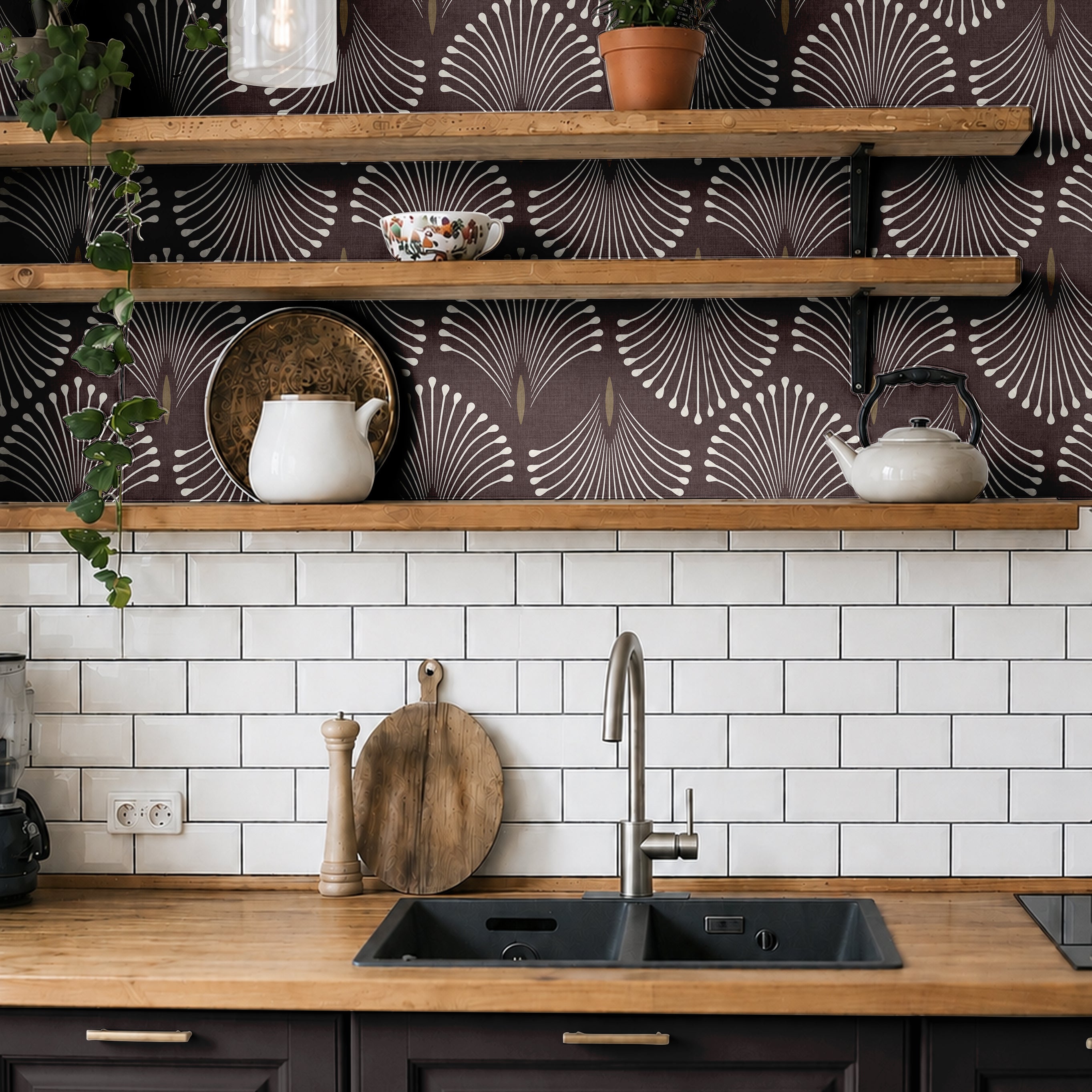 Port & Pin plum and ivory fan wallpaper behind wood kitchen shelves, white tile and dark cabinetry.