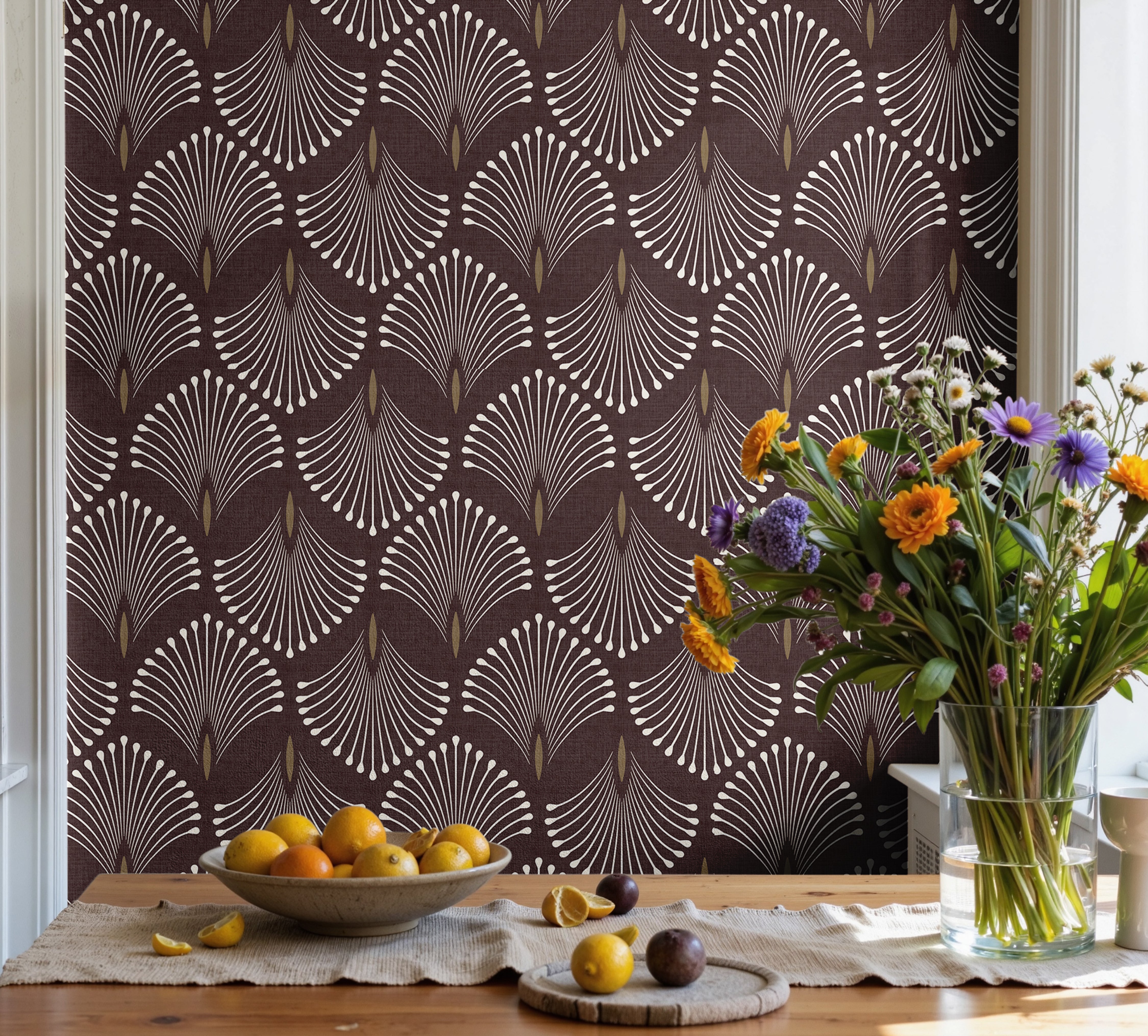 Dining room interior featuring Port & Pin plum geometric wallpaper with ivory fan motifs and antique-gold accents.