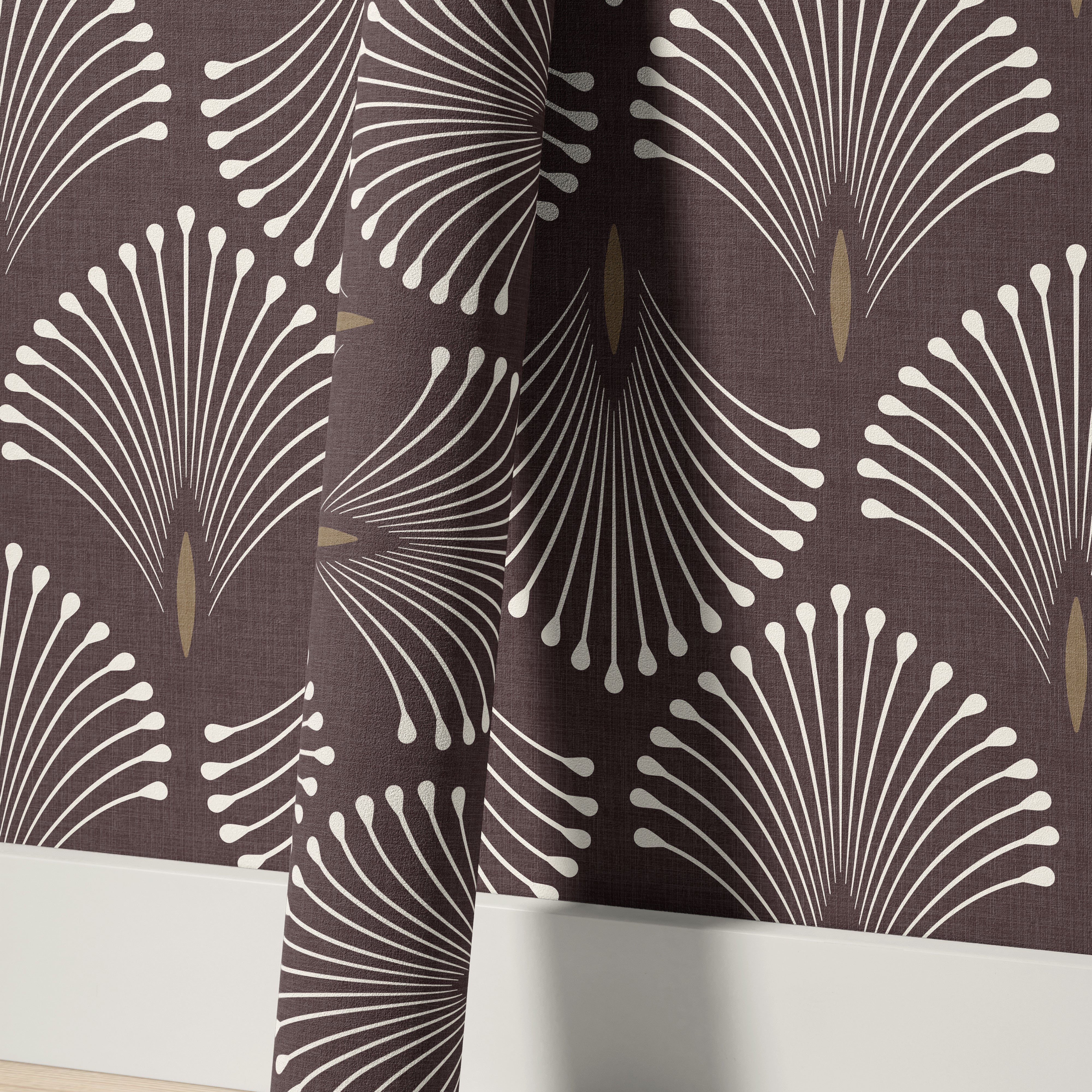 Close-up of a Port & Pin wallpaper roll with ivory radiating fan linework, muted gold details and a textured plum background.