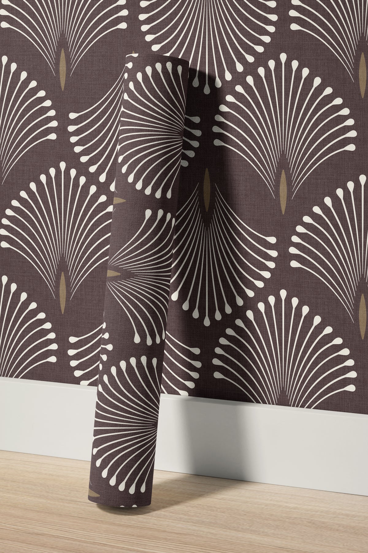 Close-up of a Port & Pin wallpaper roll with ivory radiating fan linework, muted gold details and a textured plum background.