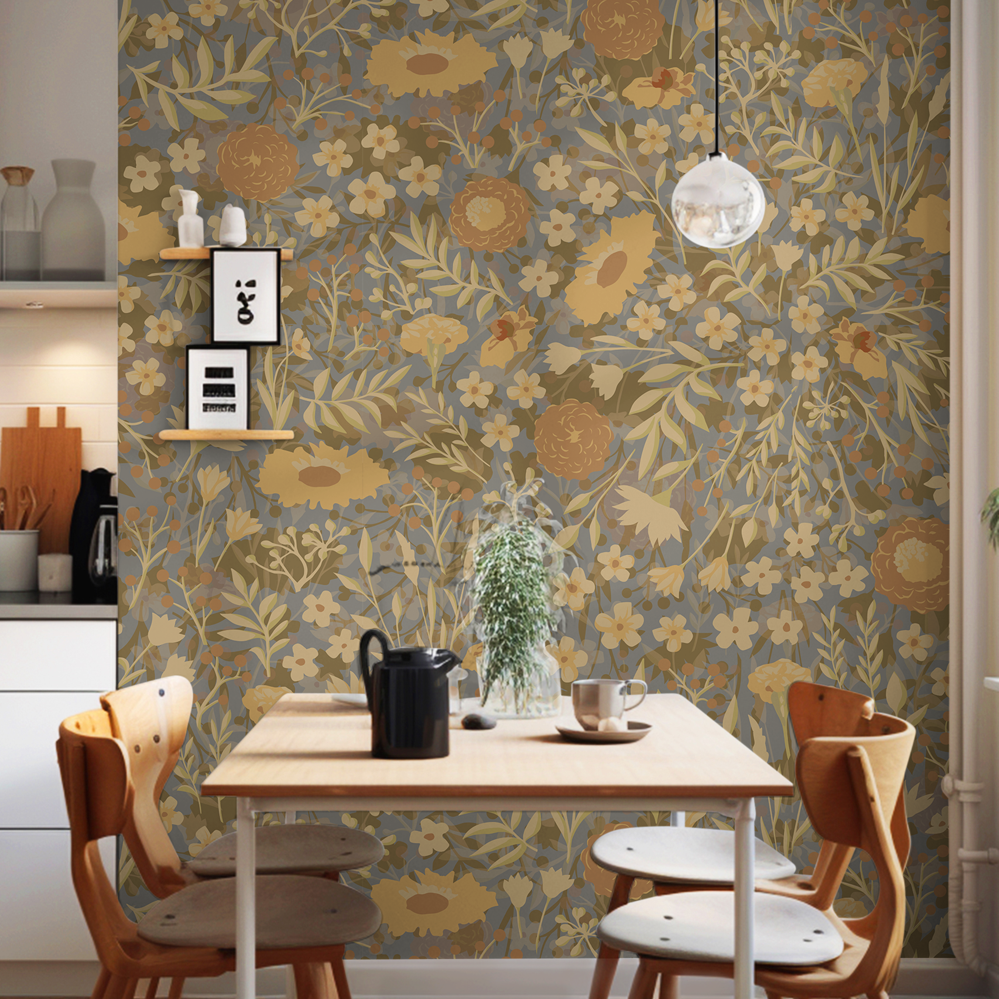 modern Dining room with warm muted floral wallcovering