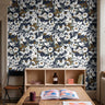  navy floral wallpaper with bold botanical pattern in modern playroom