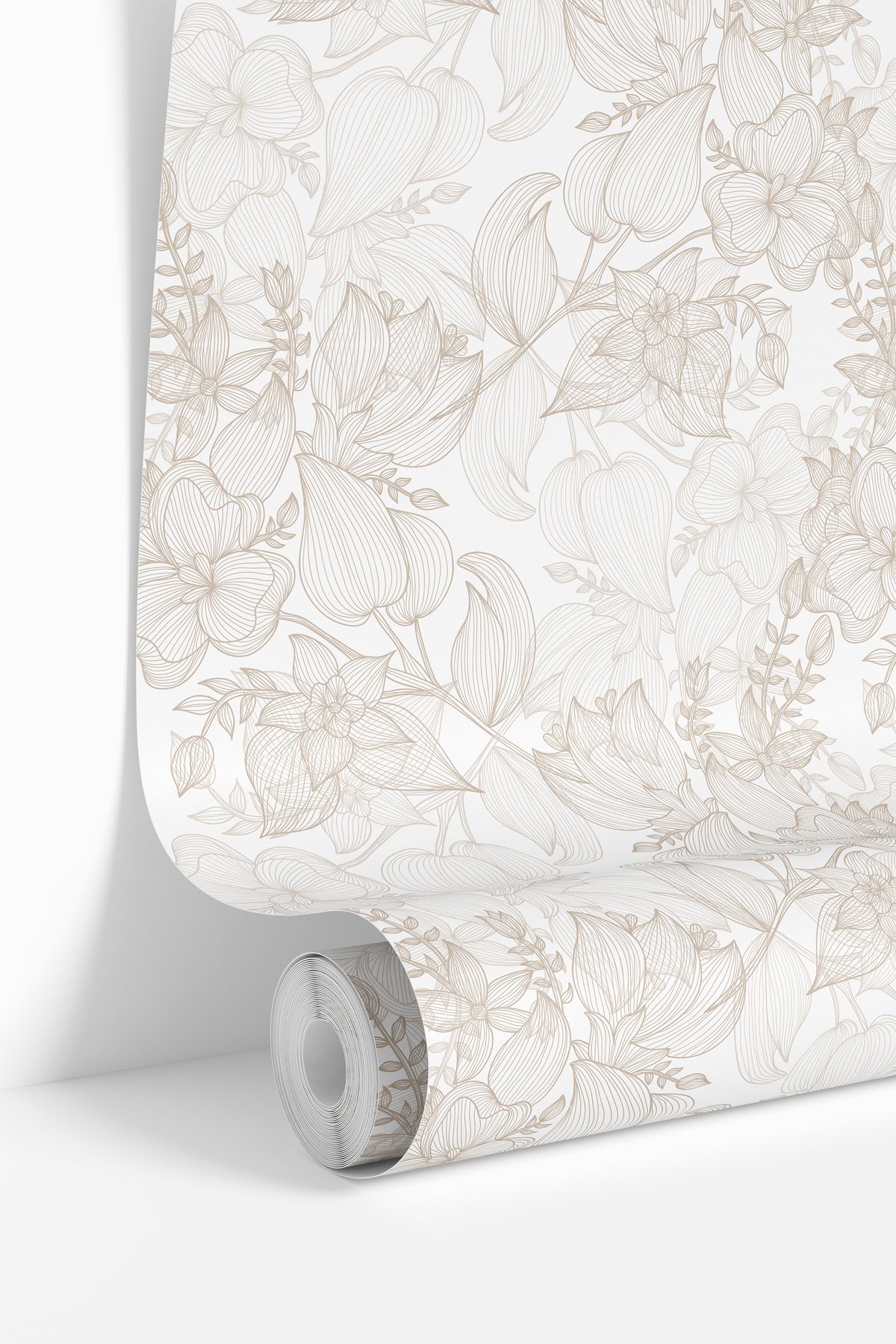 wallpaper roll showing neutral floral pattern with soft tan tones for accent walls