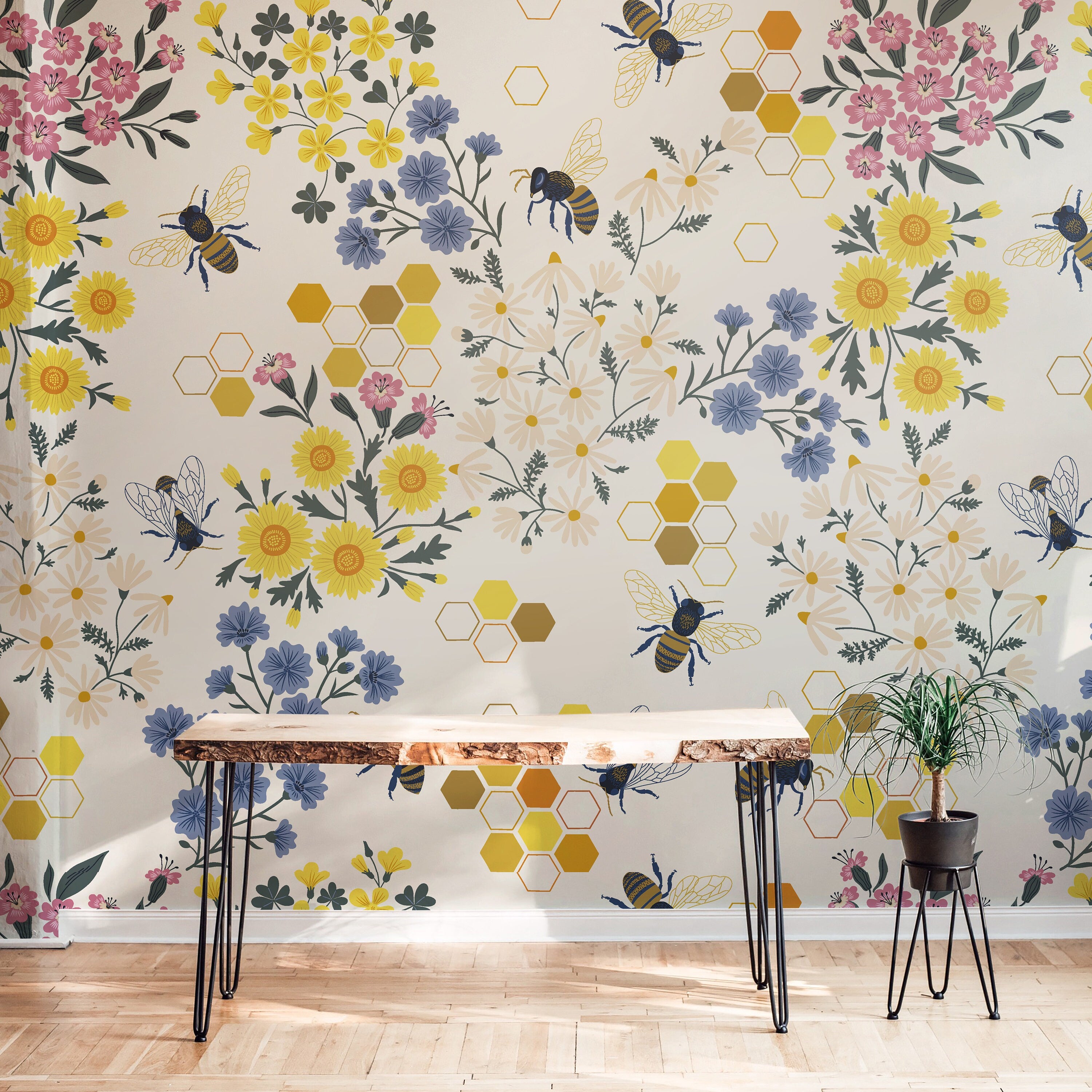 modern honeycomb and flower pattern wallpaper 300

