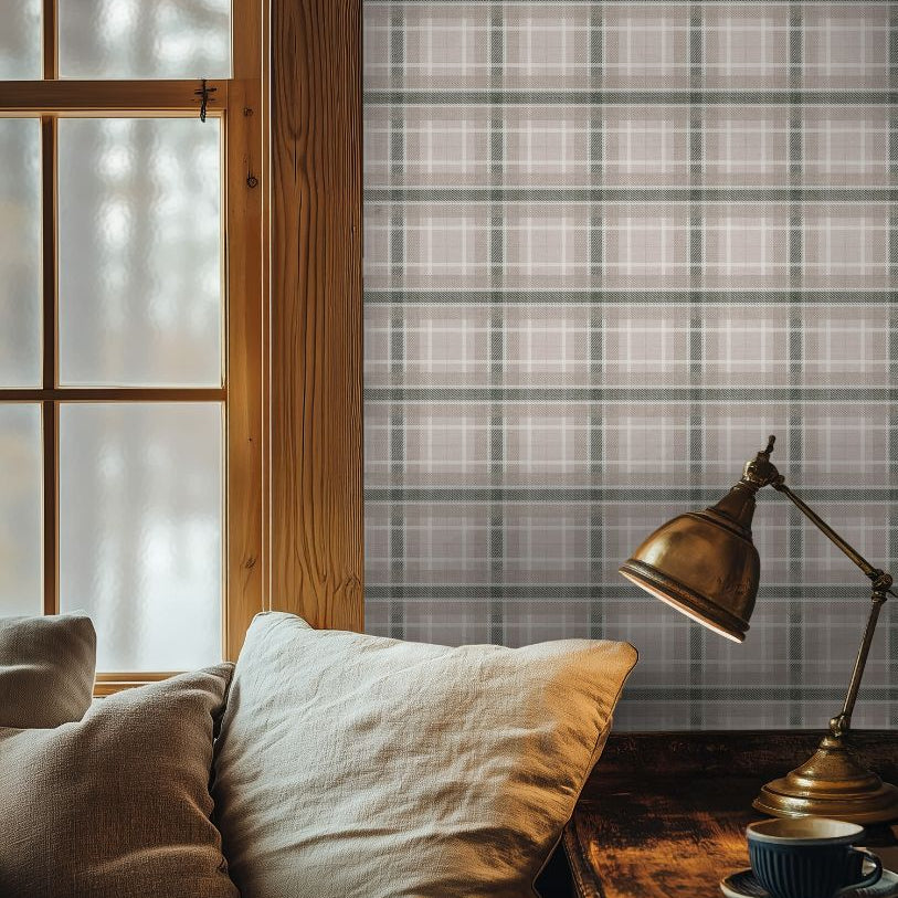 birchmark plaid wallpaper close up showing woven pattern detail and soft contrast