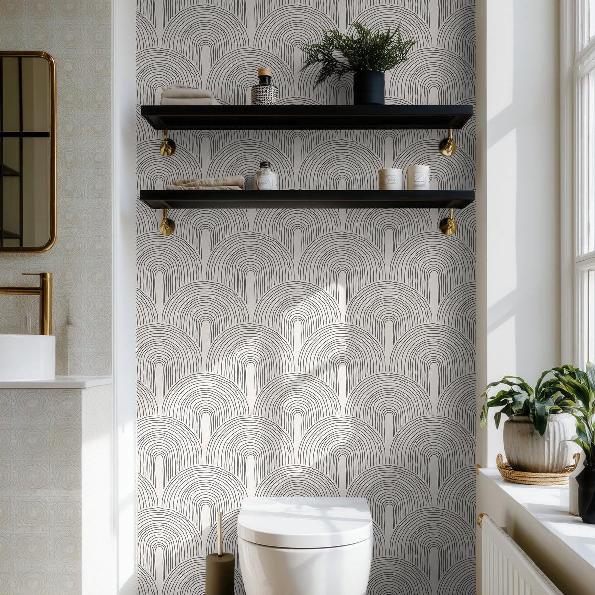 Black Cream Modern 3511 wallpaper with hand-drawn black arch lines on a cream background styled in a bright modern bathroom