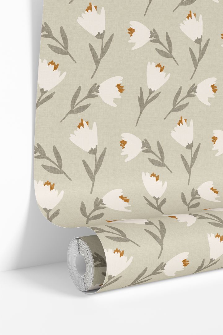 Bloom & Linen wallpaper roll showing sage background and white painterly florals