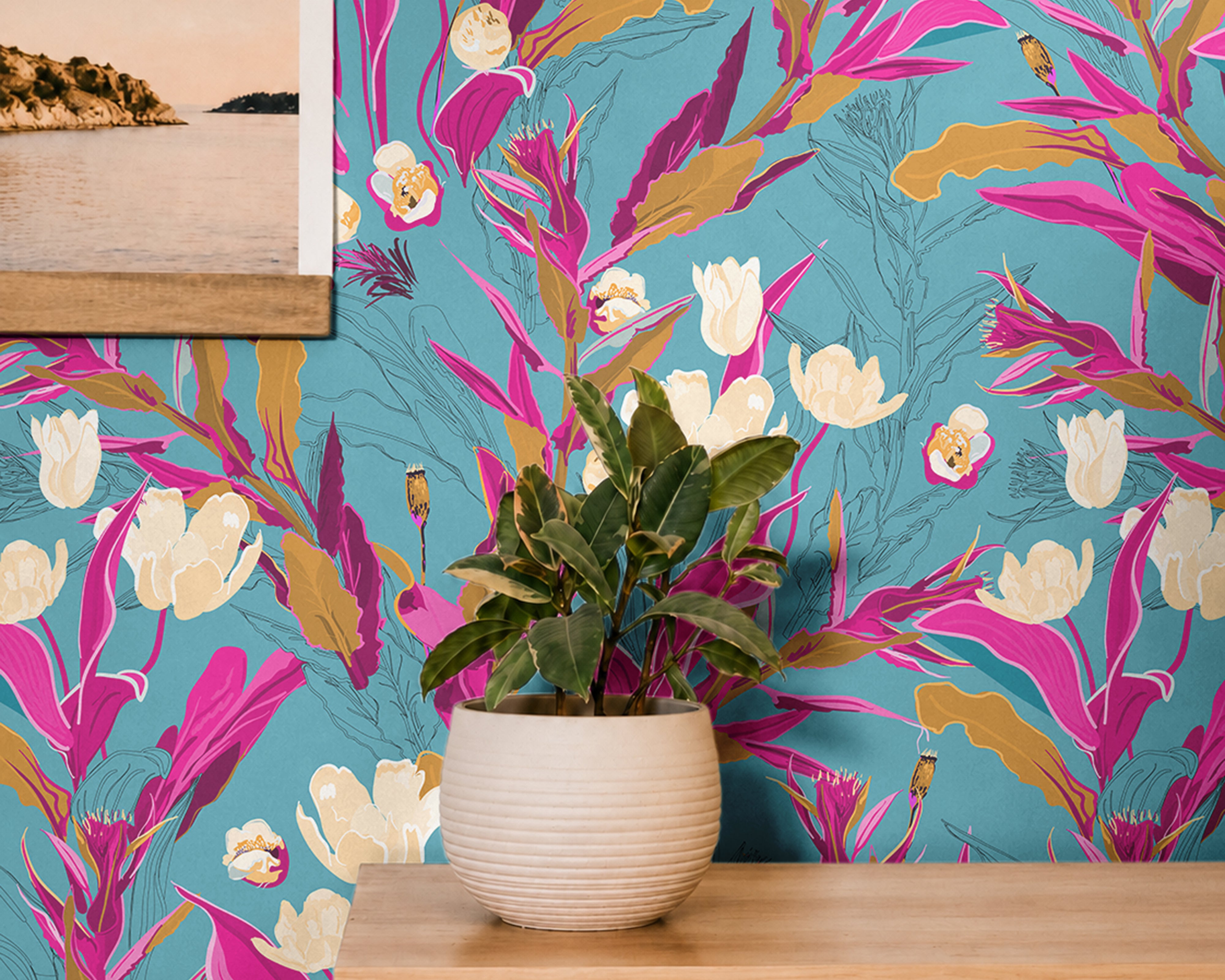 Blue Tropical Floral 2236 bold botanical wallpaper with vibrant pink foliage, cream flowers and golden accents on a bright blue background