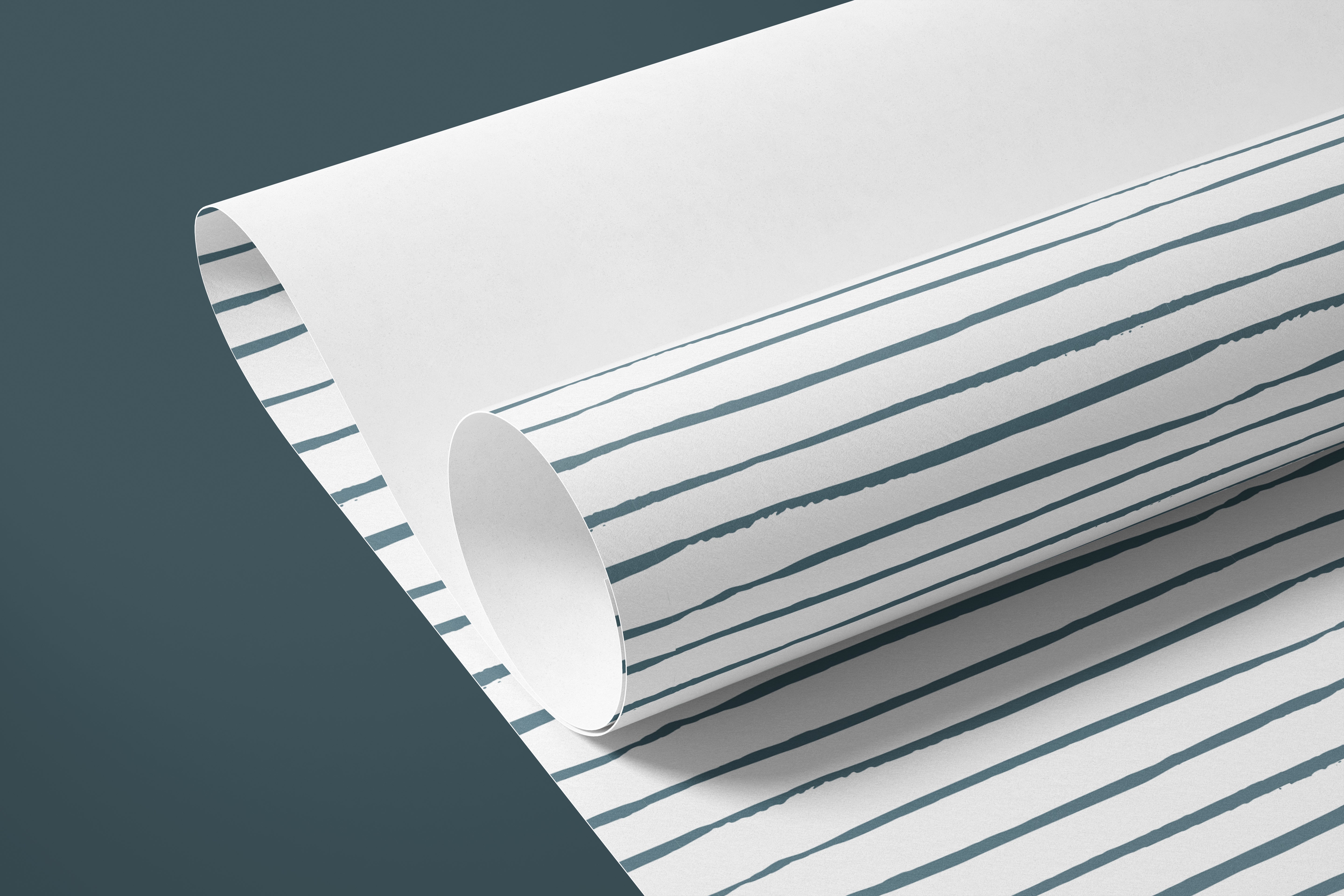 Detail view of blue and white striped contact paper with hand-drawn lines and a clean, understated farmhouse style.