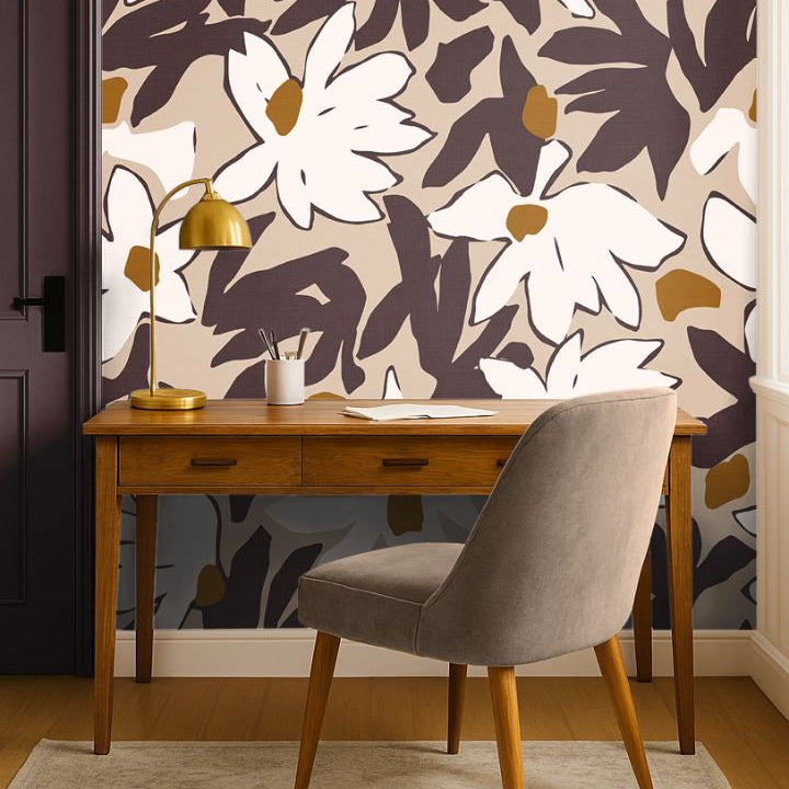 Bordeaux Bloom floral wallpaper installed on a full wall showing cream oversized blooms on a deep burgundy background