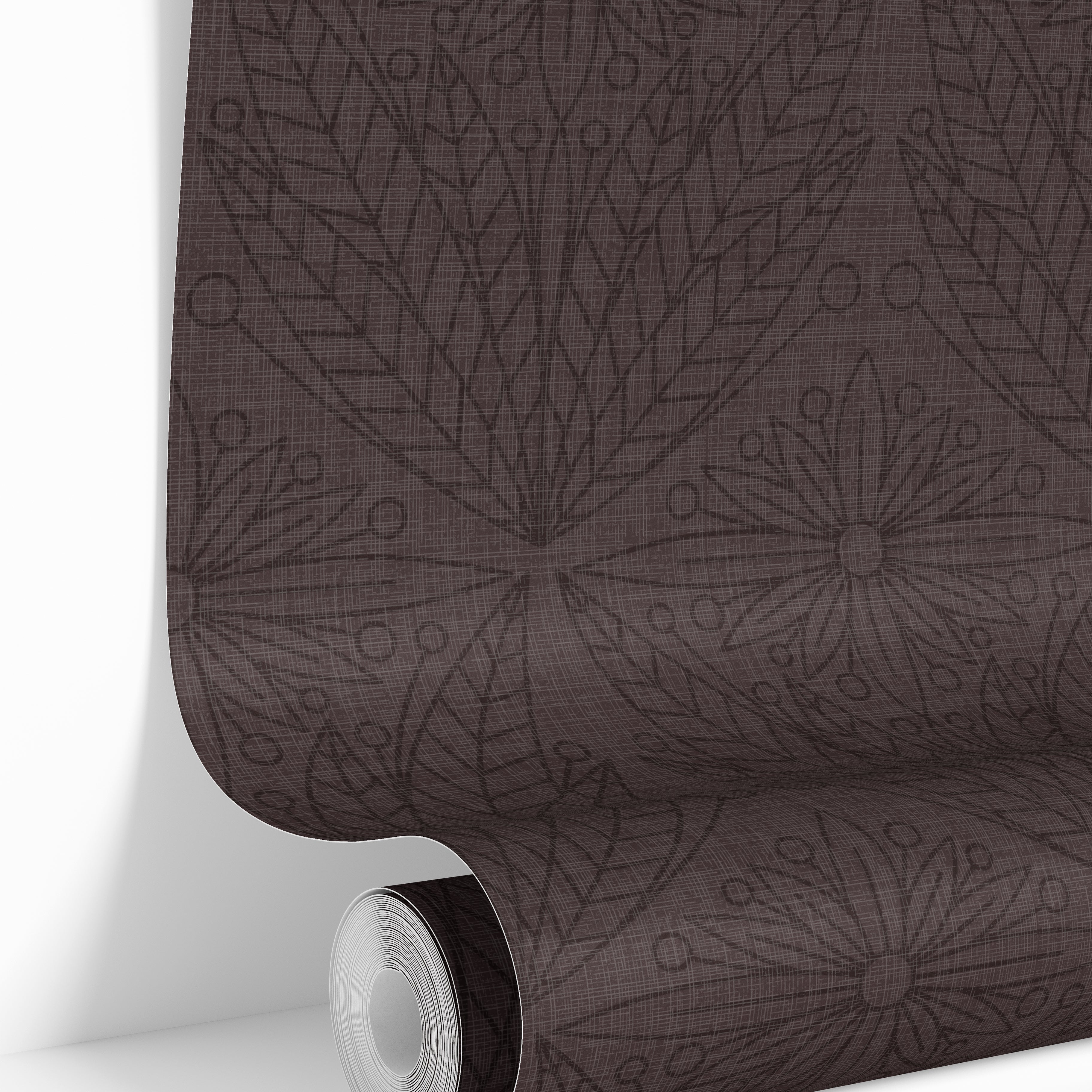 cabernet and gentry 3550 dark burgundy geometric floral wallpaper partly unrolled, showing the tone-on-tone flowers and leaves