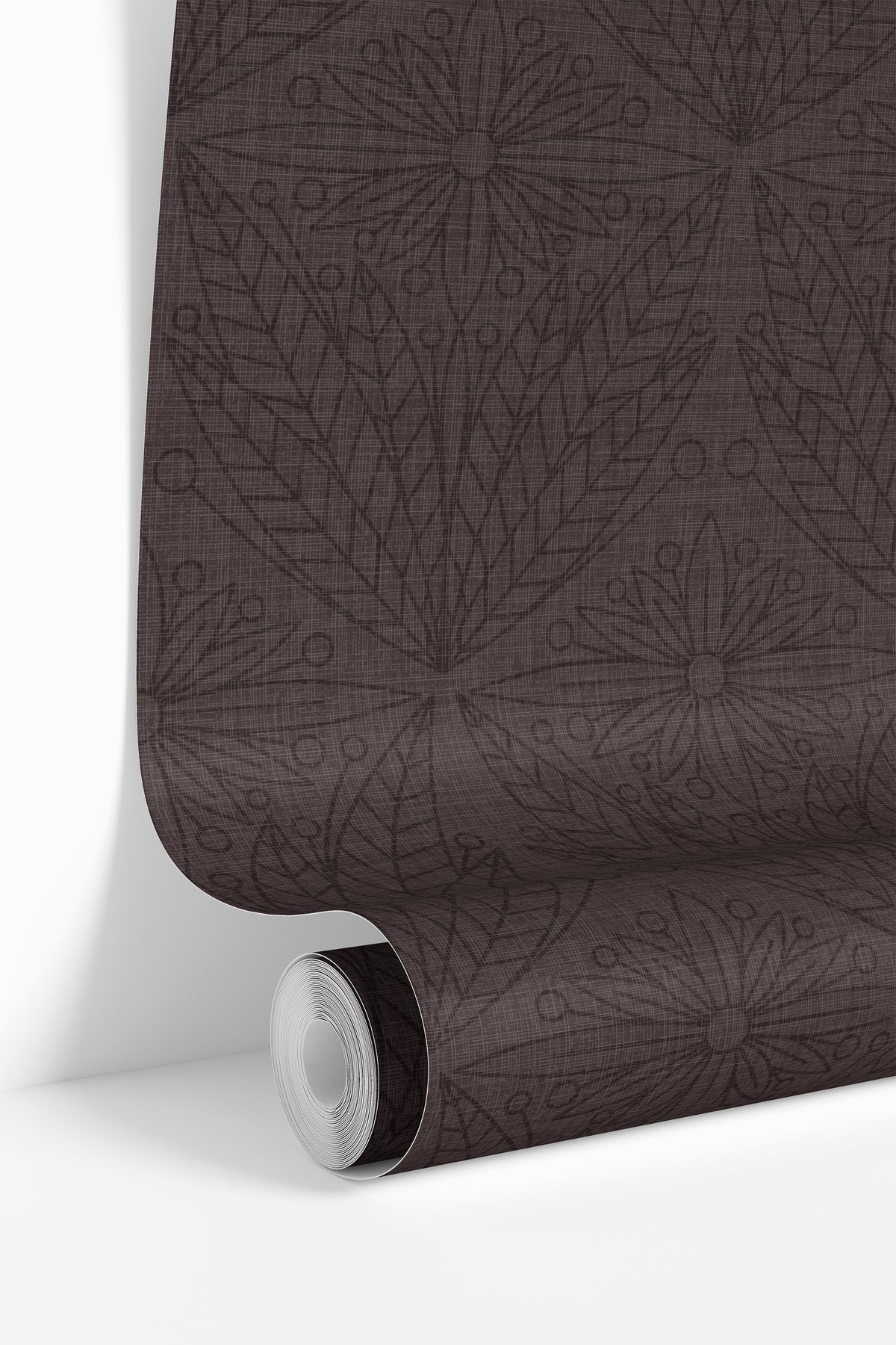 cabernet and gentry 3550 dark burgundy geometric floral wallpaper partly unrolled, showing the tone-on-tone flowers and leaves