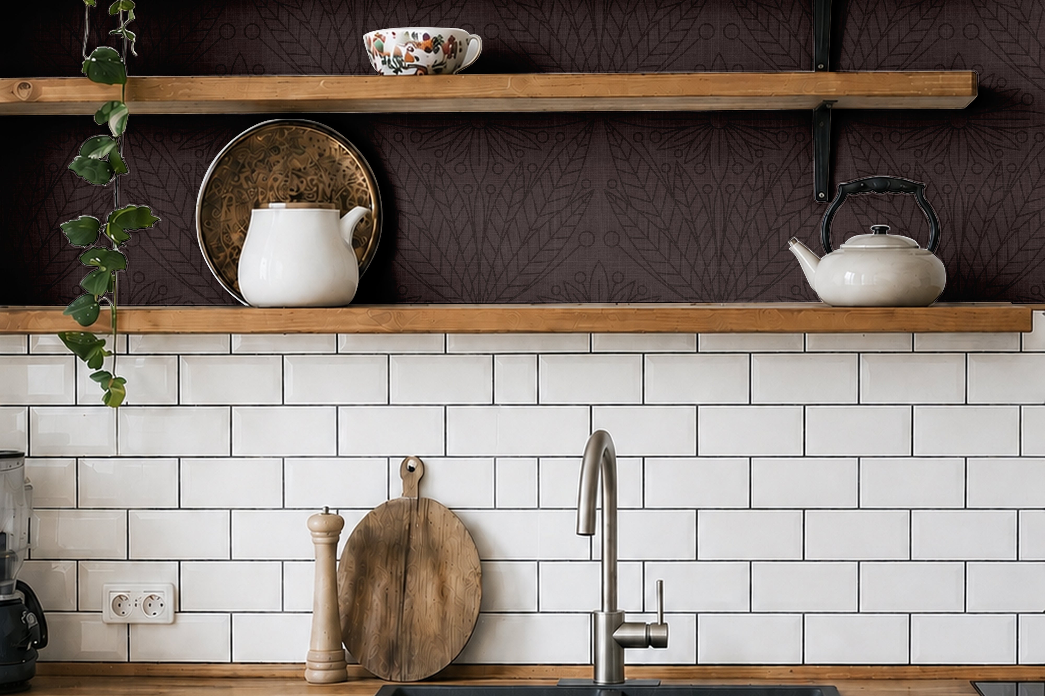 cabernet and gentry 3550 dark burgundy floral wallpaper in kitchen with wood shelves tile and dark cabinets