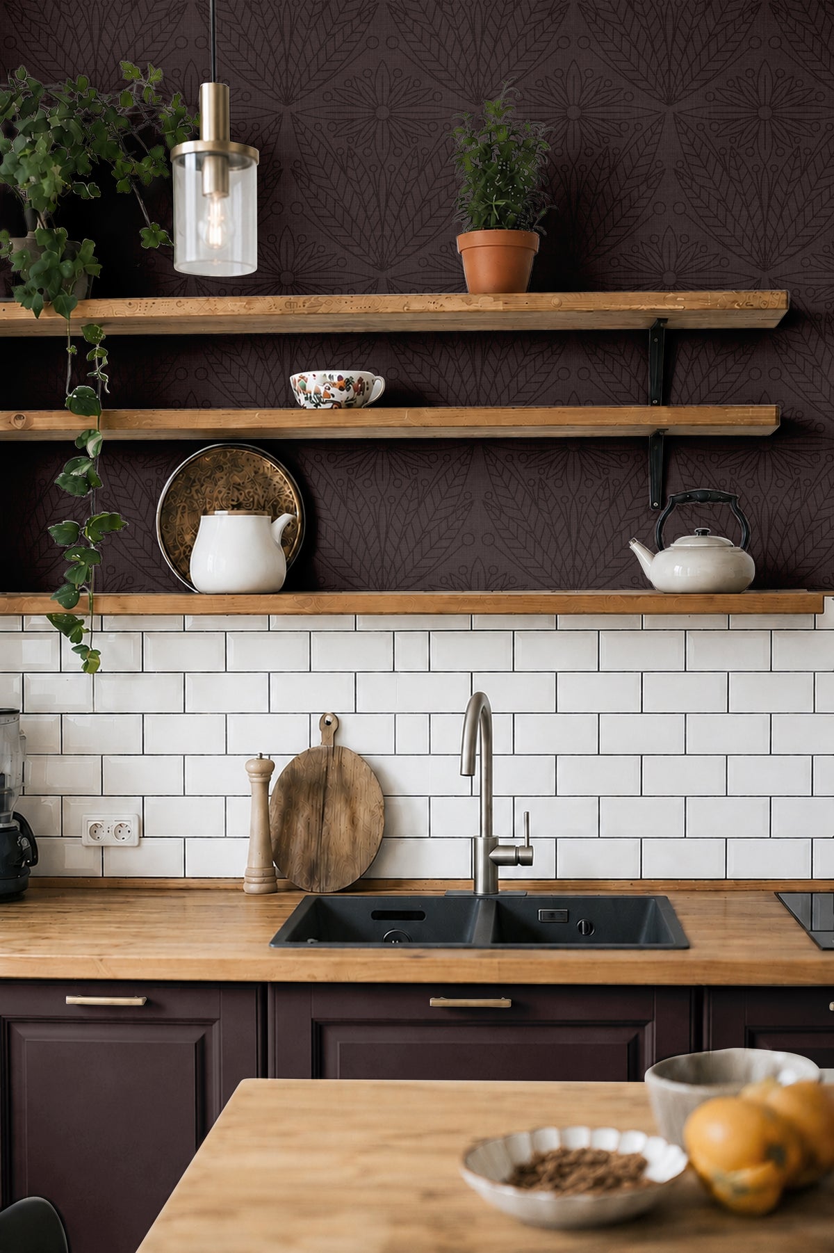 cabernet and gentry 3550 dark burgundy floral wallpaper in kitchen with wood shelves tile and dark cabinets