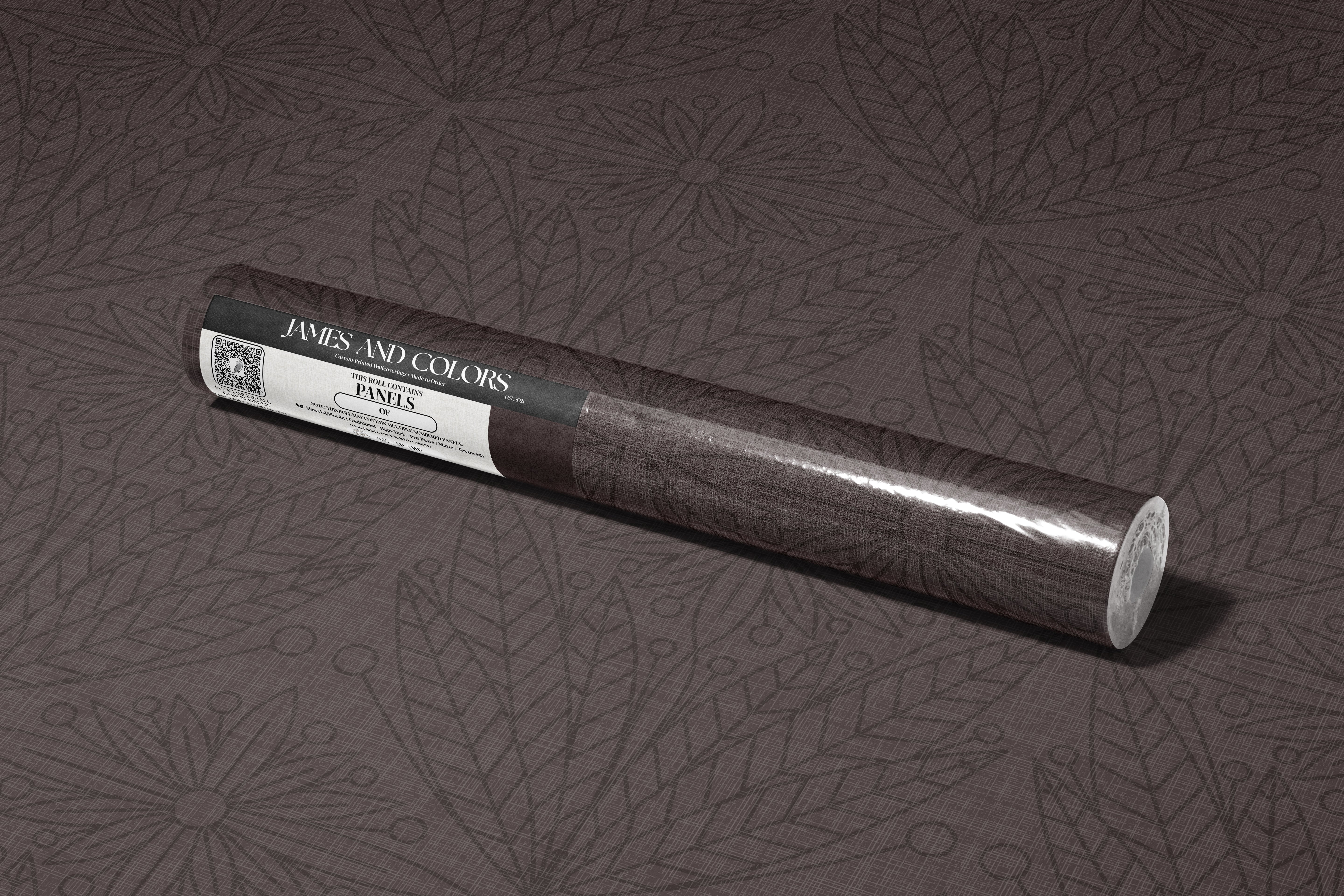 cabernet and gentry 3550 dark burgundy floral wallpaper packaged in a tube, shown on the matching tone-on-tone pattern