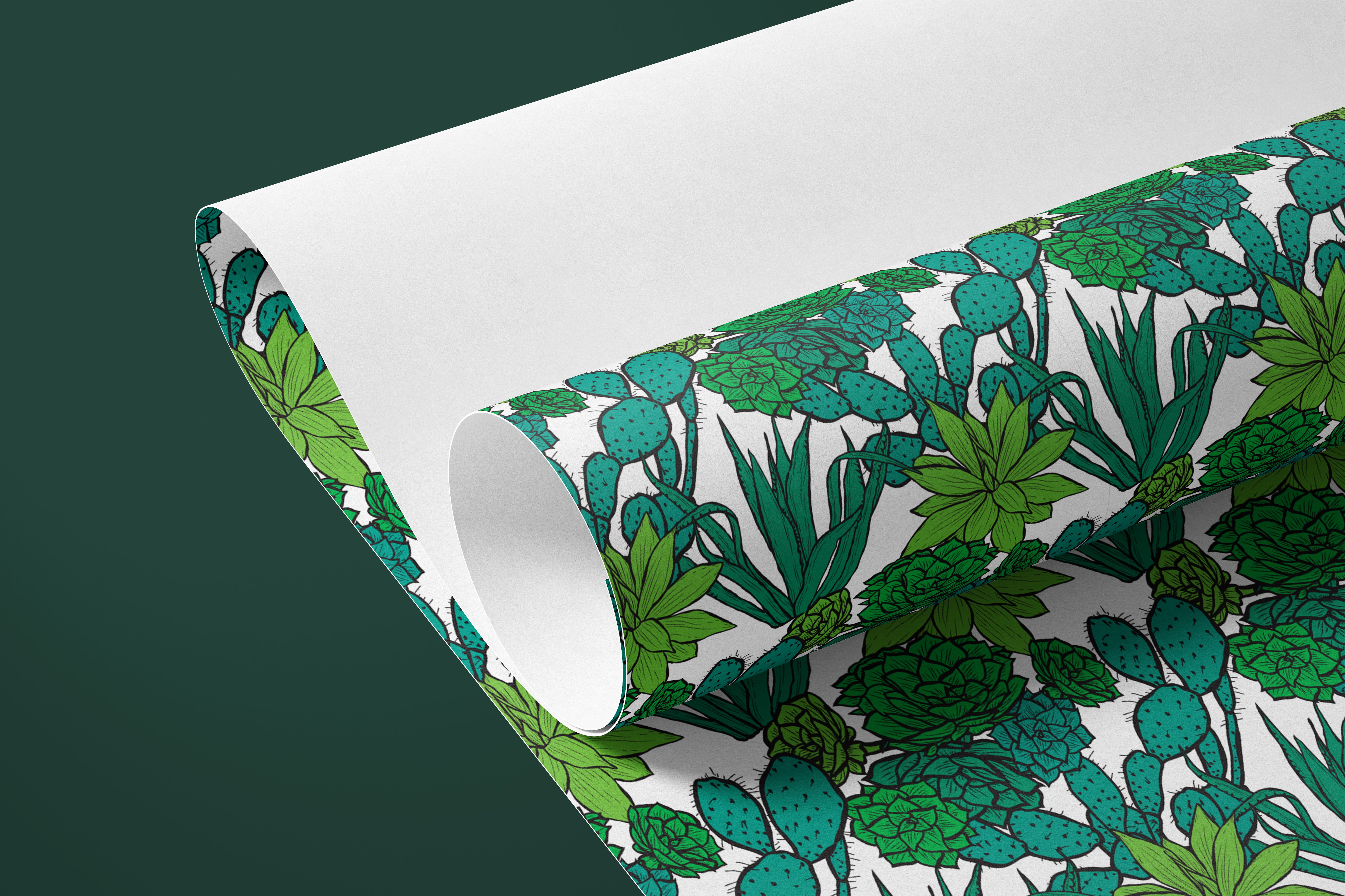 Close-up view of cactus and succulent contact paper with layered teal and green botanical illustrations on white.