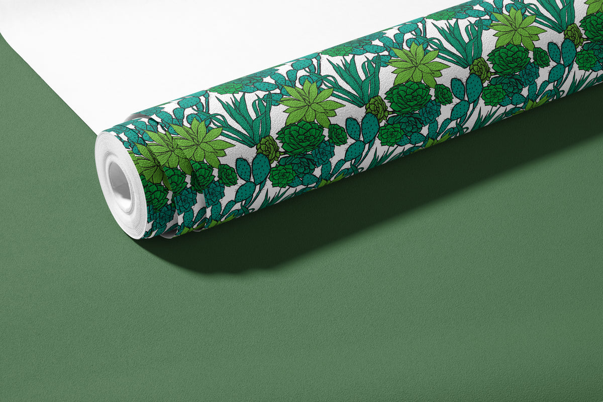 Rolled peel and stick contact paper featuring teal cacti, green succulents and leafy botanical plants on white.
