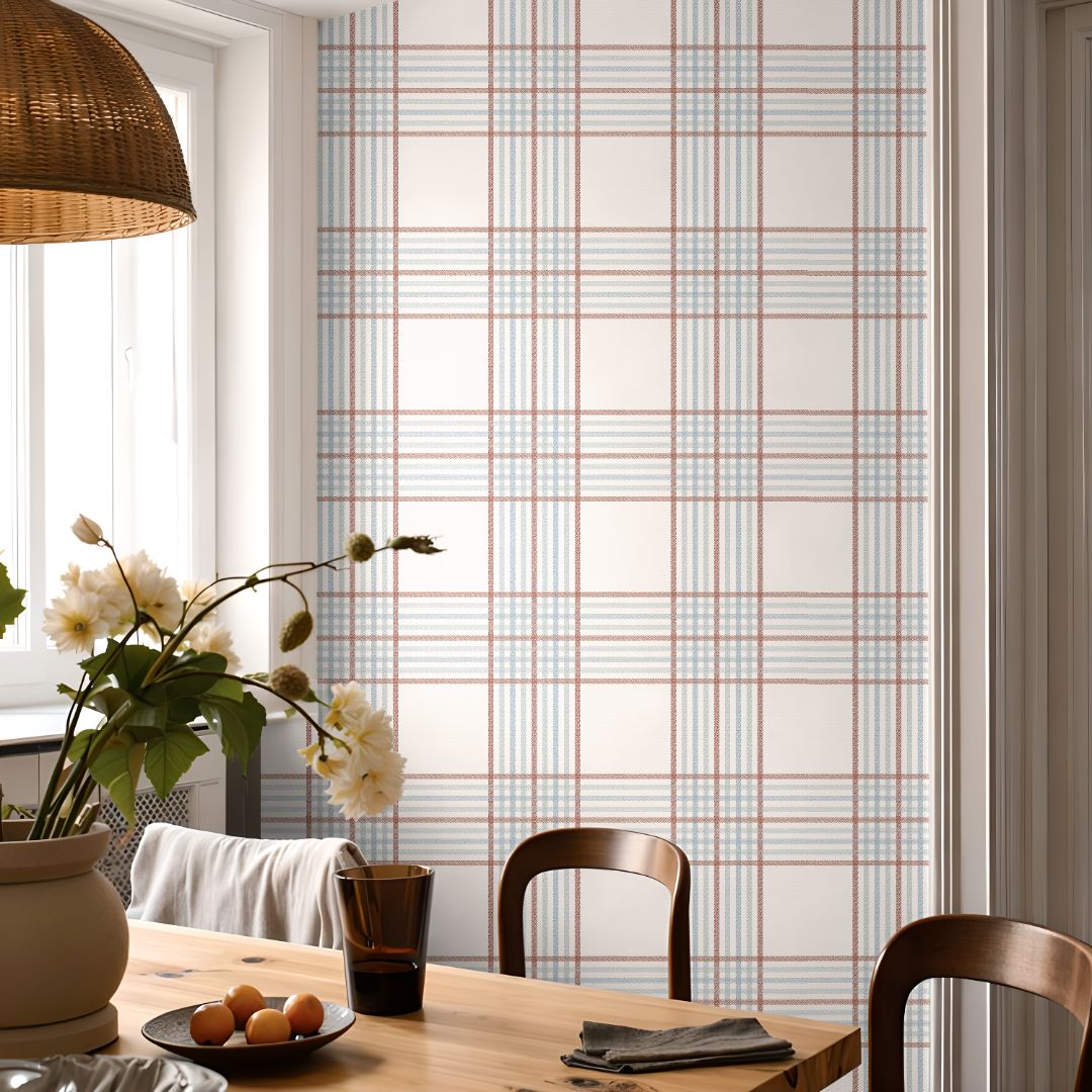 Soft cambridge blue plaid wallpaper with refined crossfield pattern in a styled interior