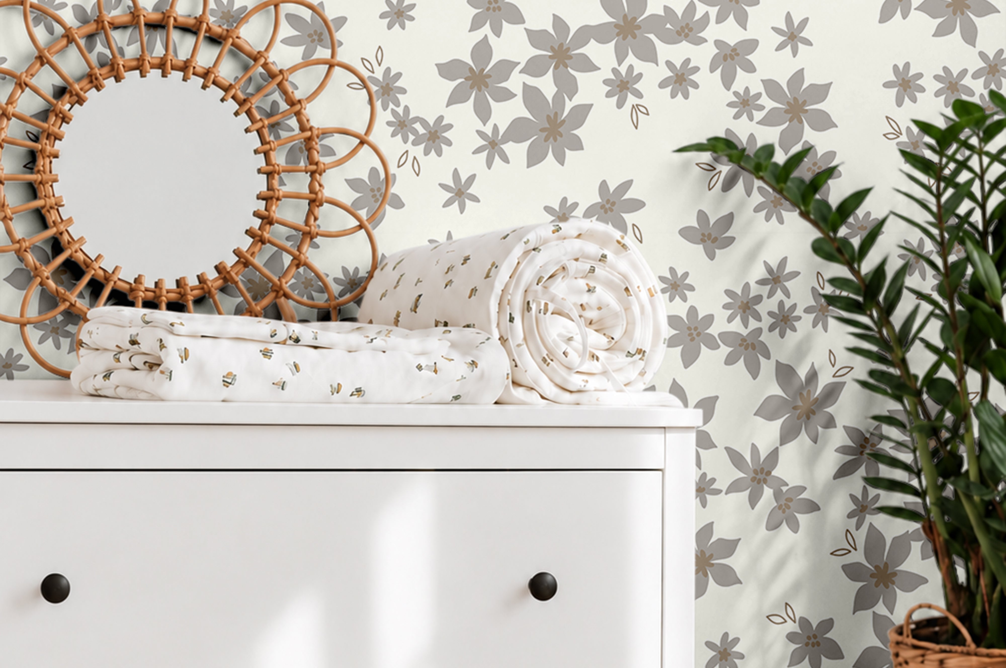 Cream Gray Floral 880 neutral floral wallpaper with soft gray flowers on a warm cream background styled in a bright nursery