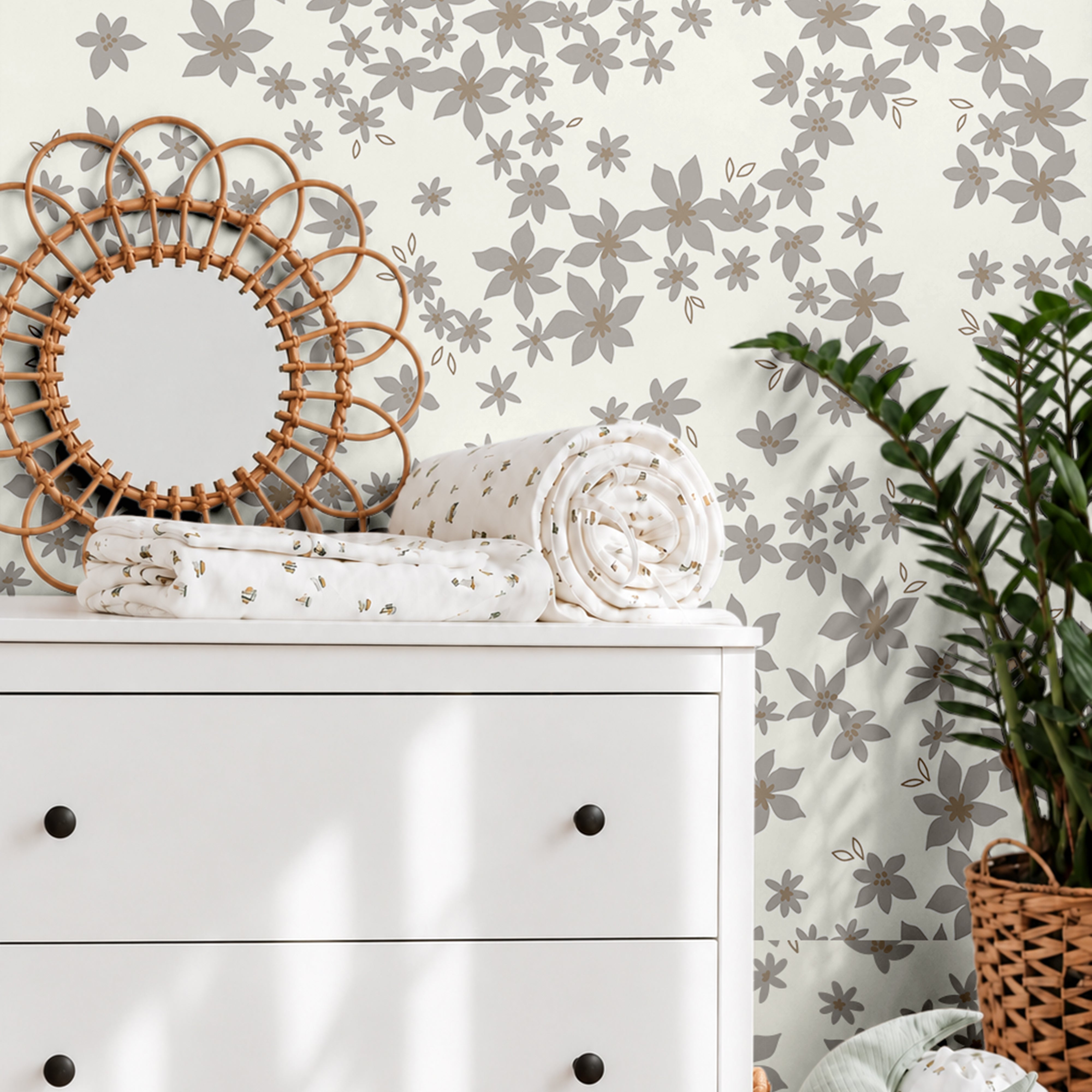 Cream Gray Floral 880 neutral floral wallpaper with soft gray flowers on a warm cream background styled in a bright nursery