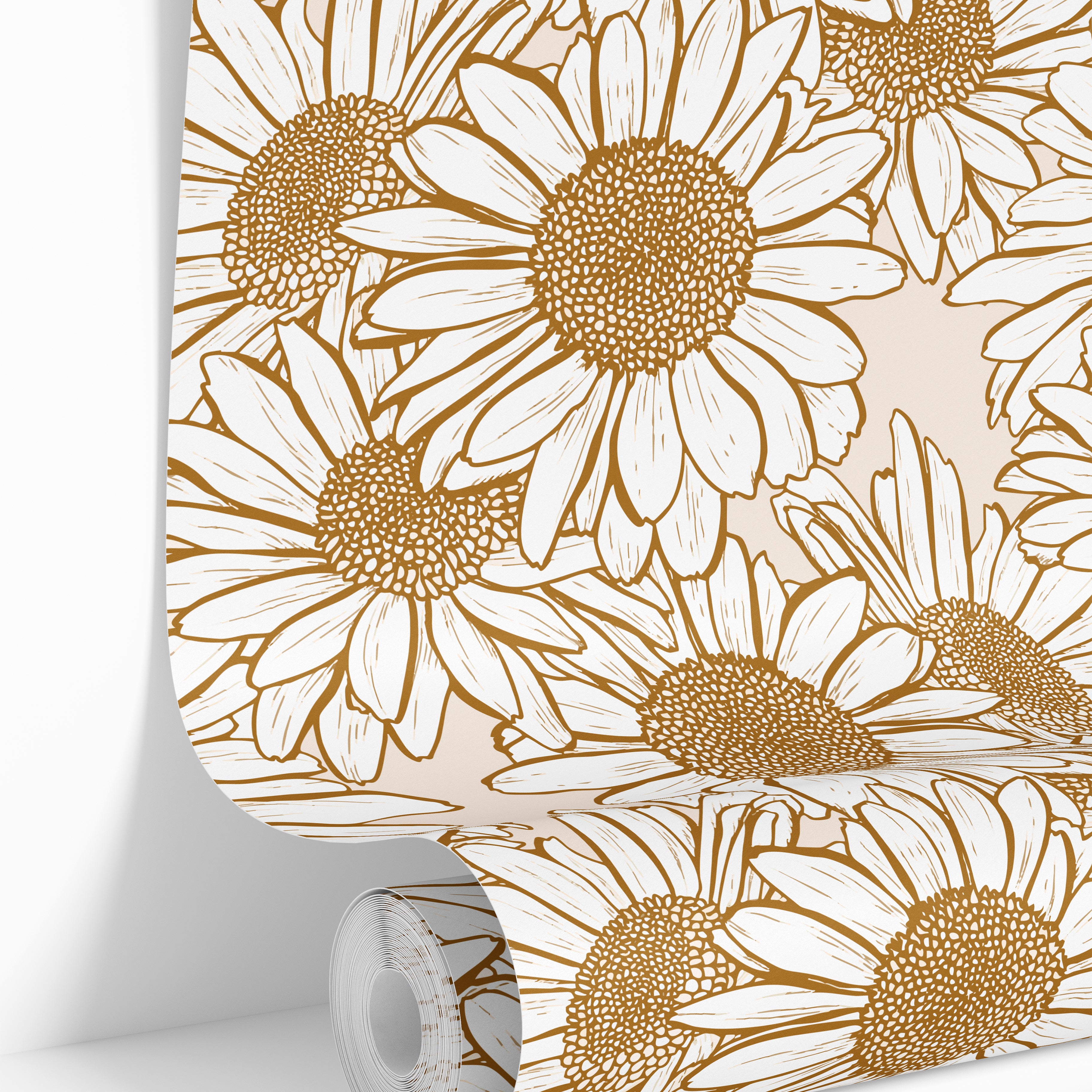 Wallpaper roll mockup of Daisy Hour golden floral wallpaper with oversized daisy botanical pattern by James & Colors.