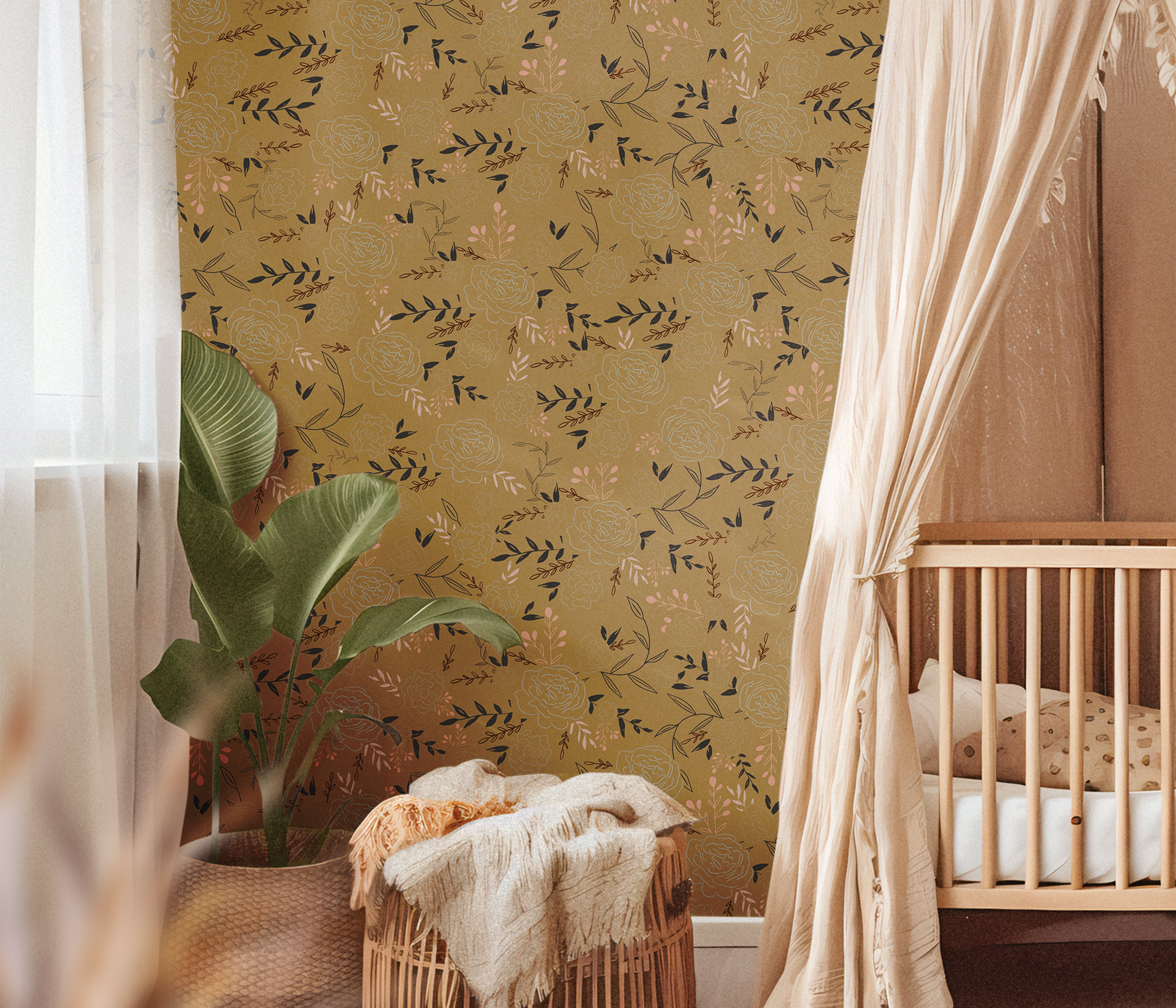 Floral Garden Boho 383 mustard floral wallpaper with delicate roses, leafy branches and soft pink accents styled in a warm boho nursery