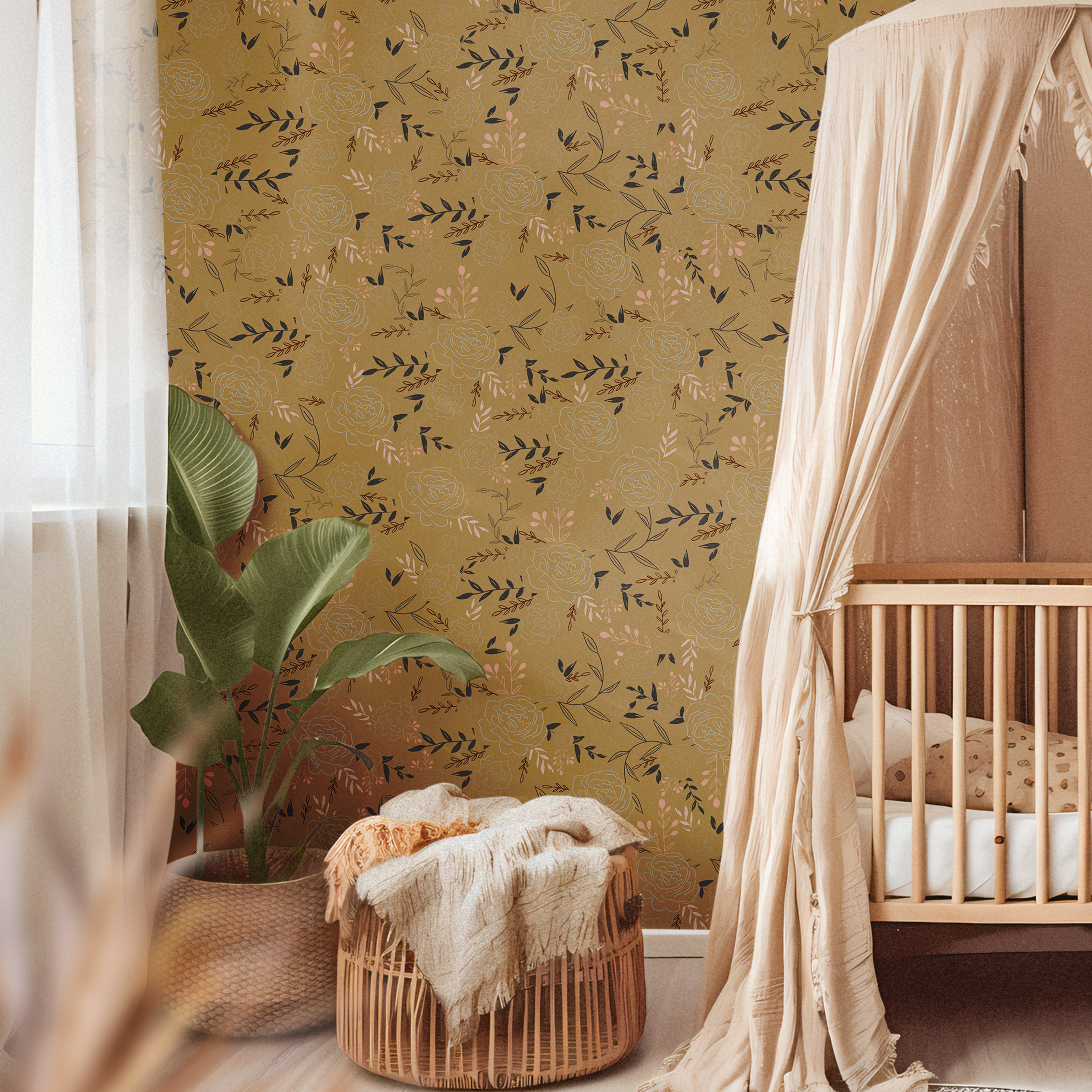Floral Garden Boho 383 mustard floral wallpaper with delicate roses, leafy branches and soft pink accents styled in a warm boho nursery