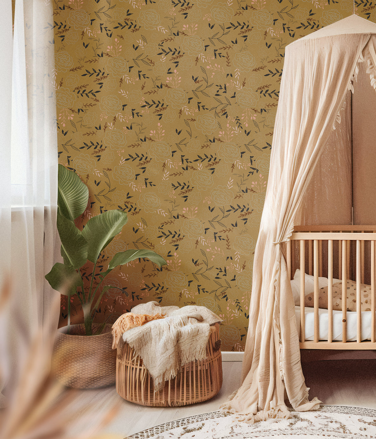 Floral Garden Boho 383 mustard floral wallpaper with delicate roses, leafy branches and soft pink accents styled in a warm boho nursery