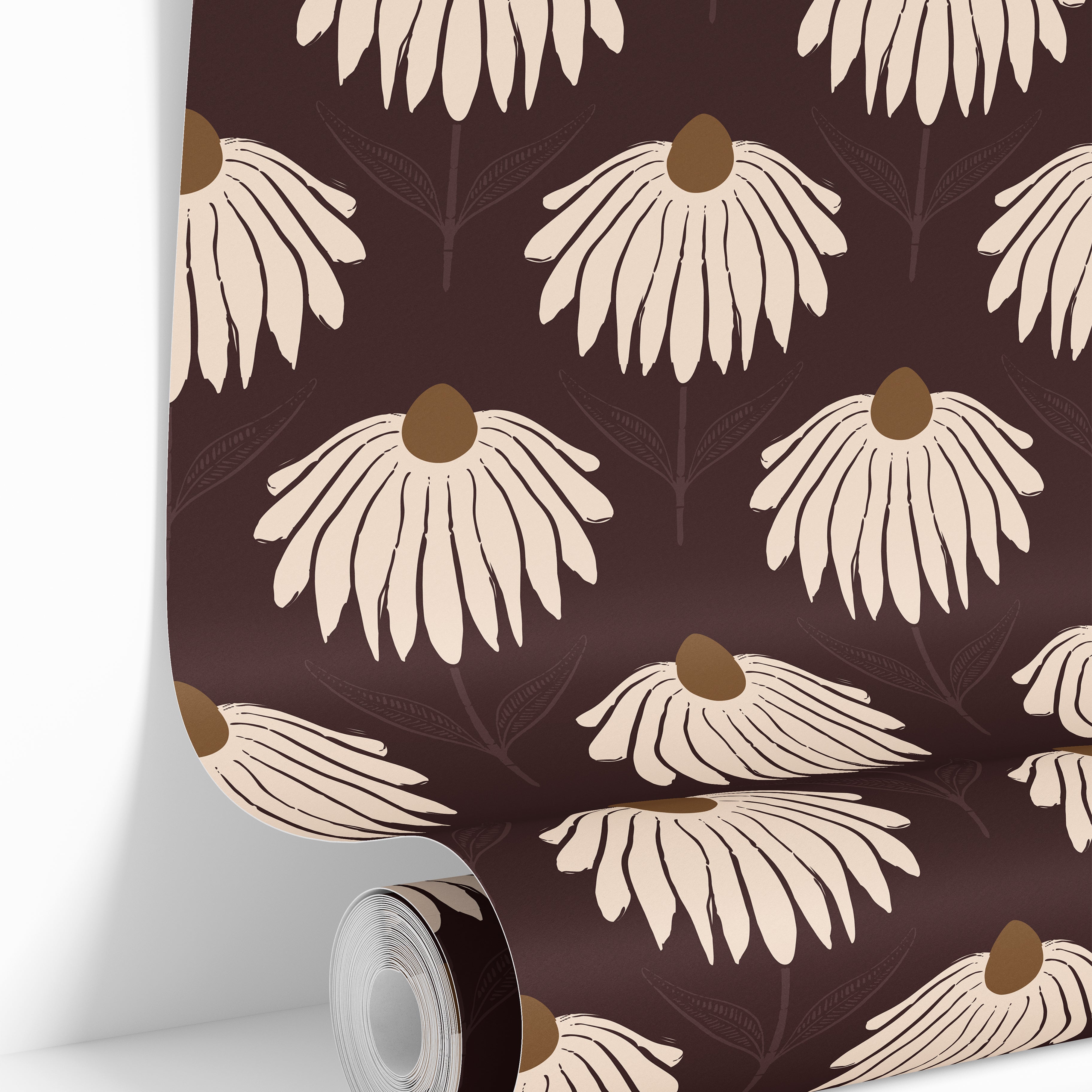 close view of garnet crown 3543 burgundy wallpaper roll with large cream coneflowers and ochre centers